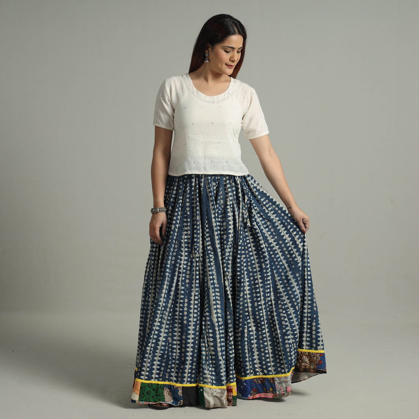 Indigo Block Printed 24 Kali Patchwork Cotton Long Skirt 17