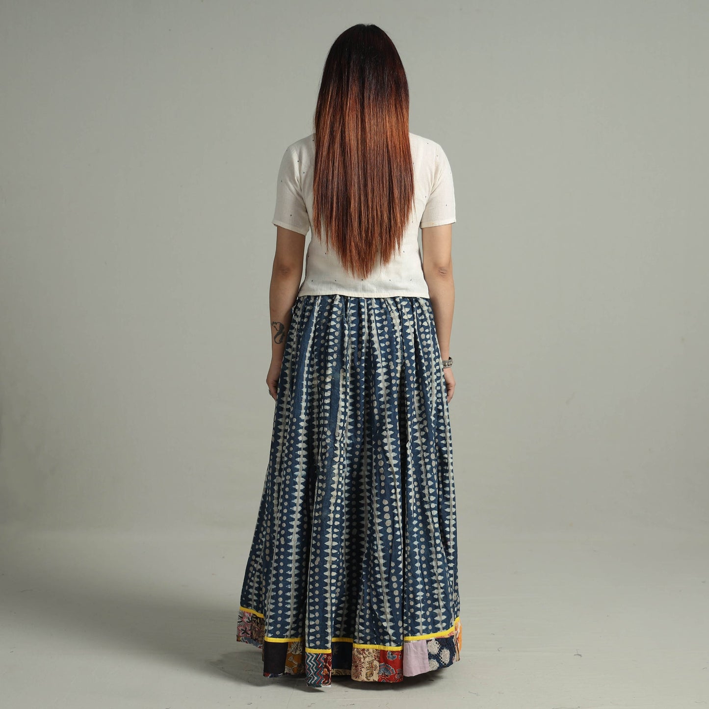 Indigo Block Printed 24 Kali Patchwork Cotton Long Skirt 17