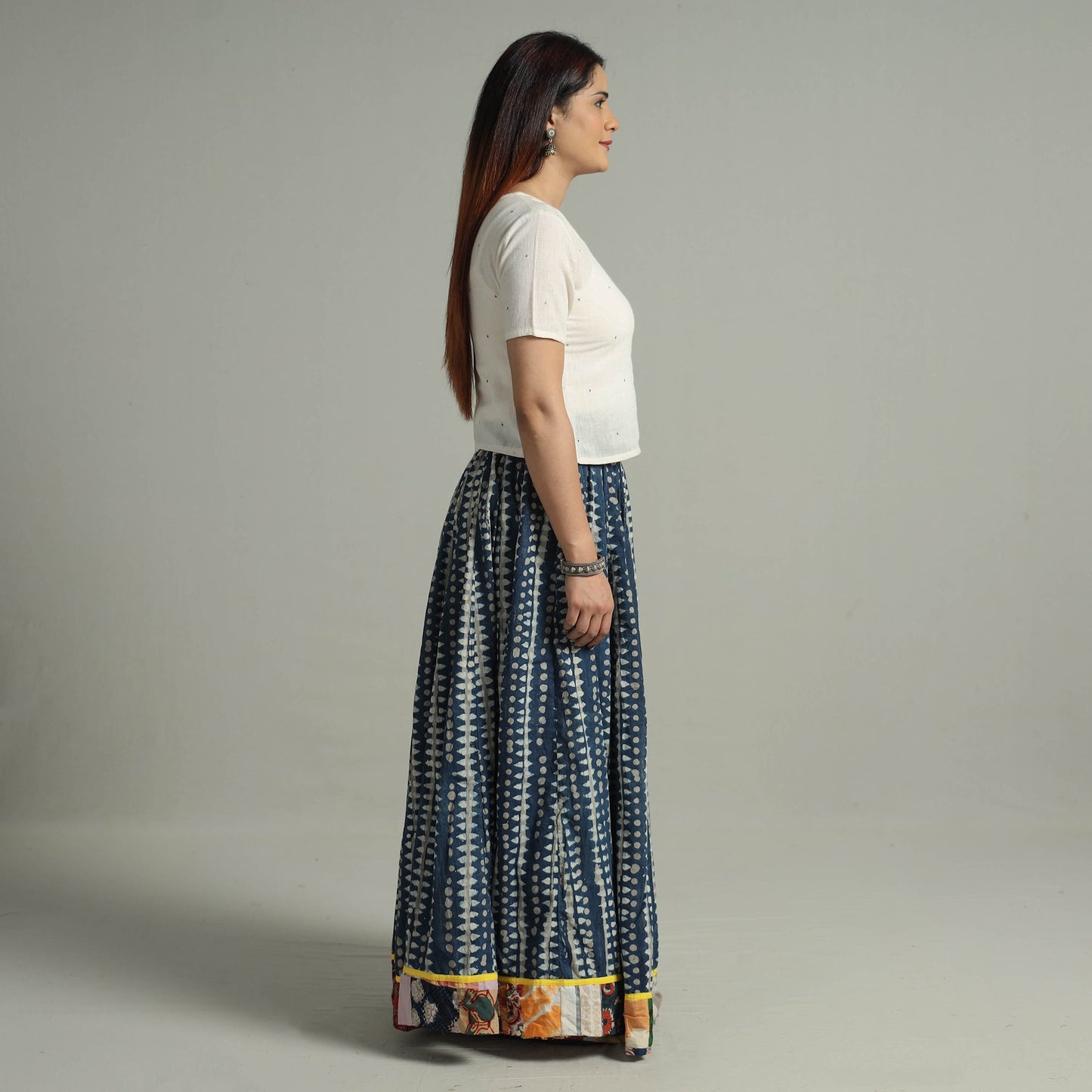 Indigo Block Printed 24 Kali Patchwork Cotton Long Skirt 17