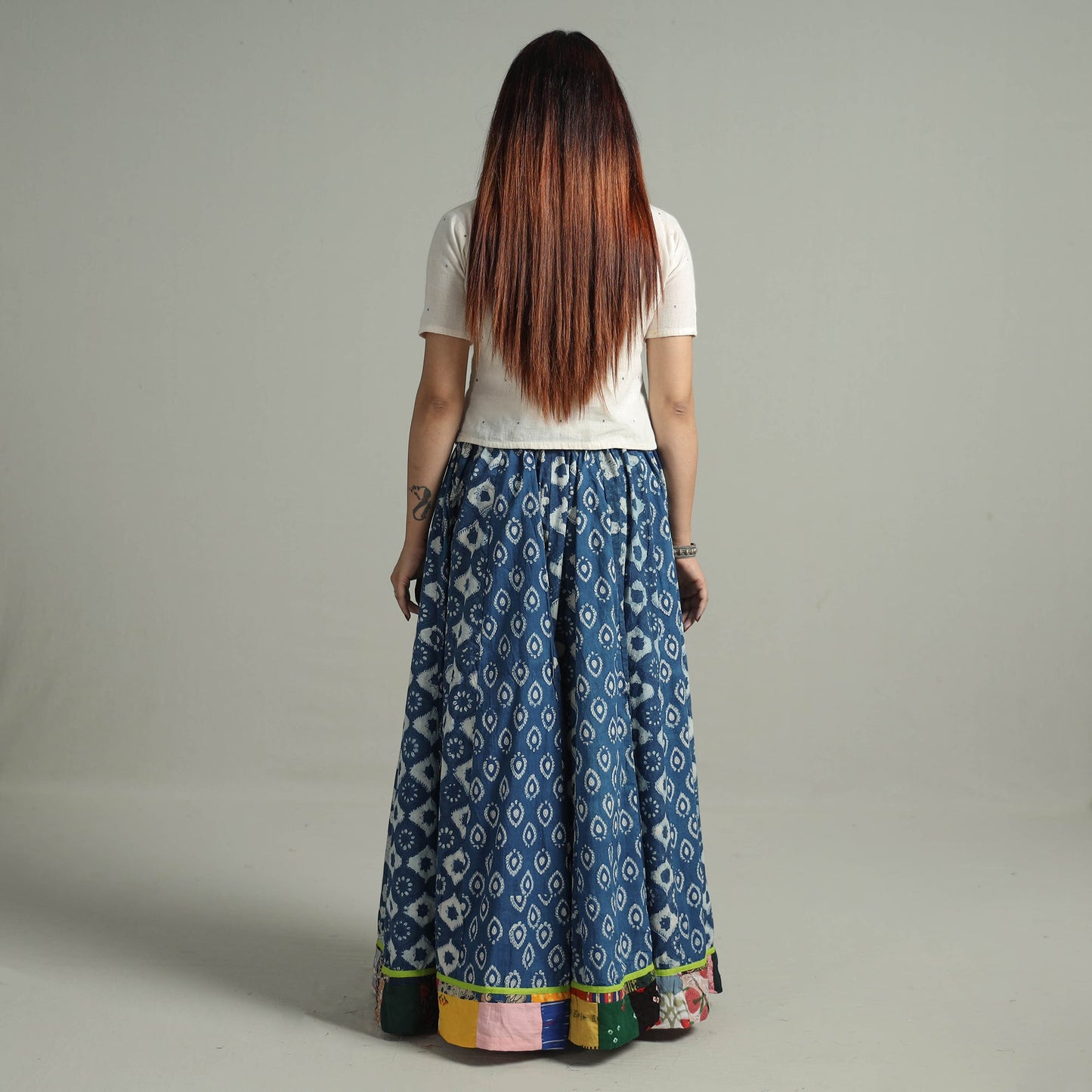 Indigo Block Printed 24 Kali Patchwork Cotton Long Skirt 28