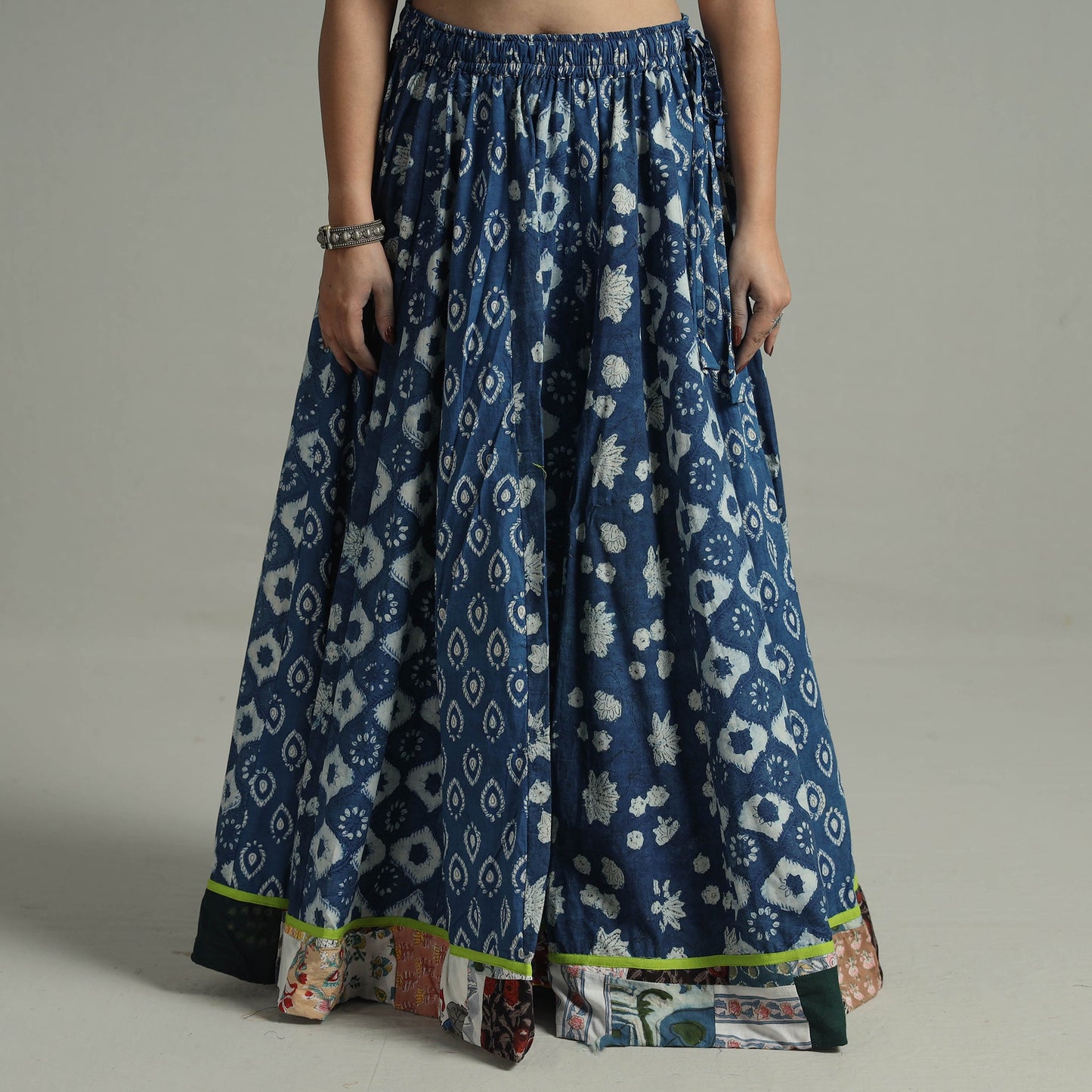 Indigo Block Printed 24 Kali Patchwork Cotton Long Skirt 28