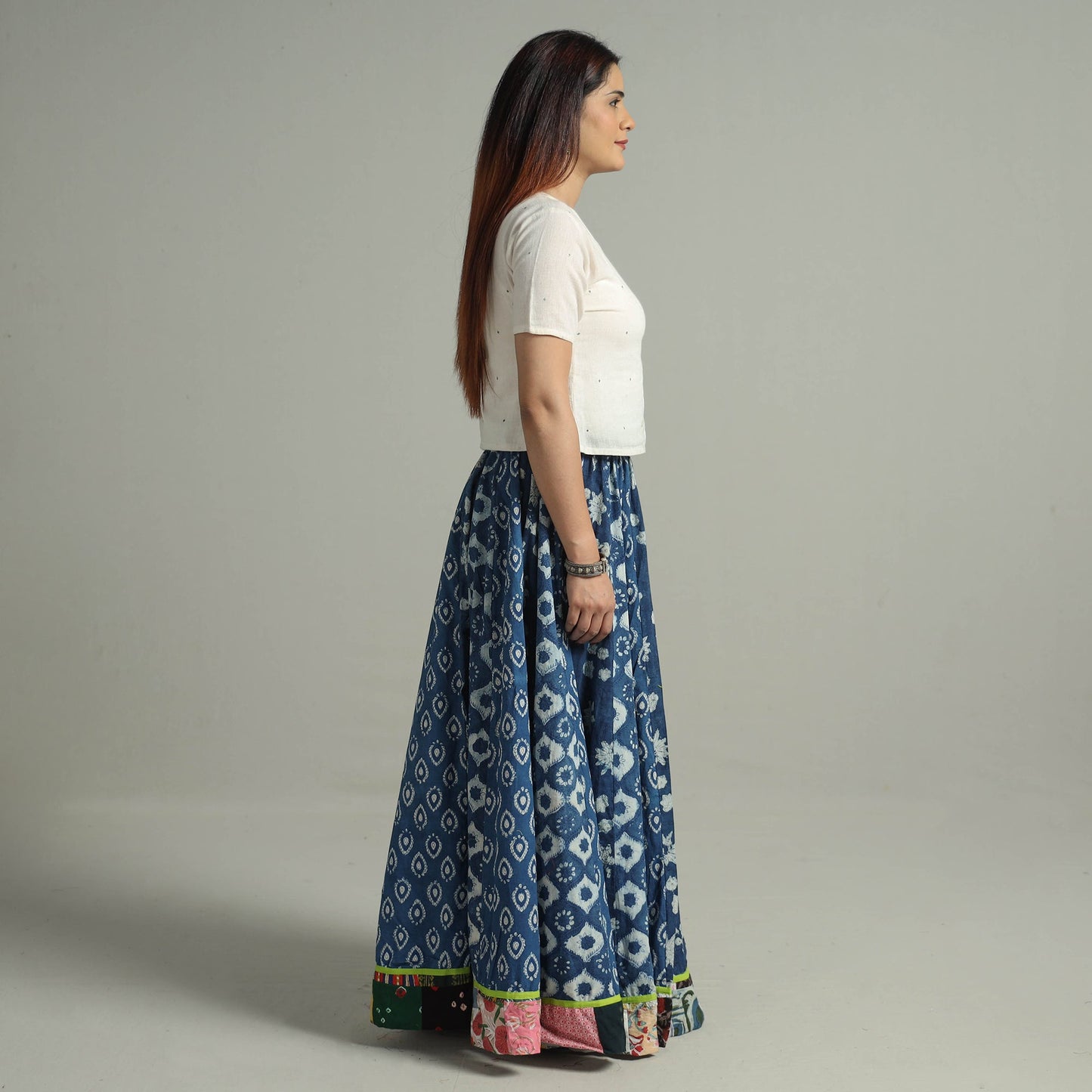 Indigo Block Printed 24 Kali Patchwork Cotton Long Skirt 28