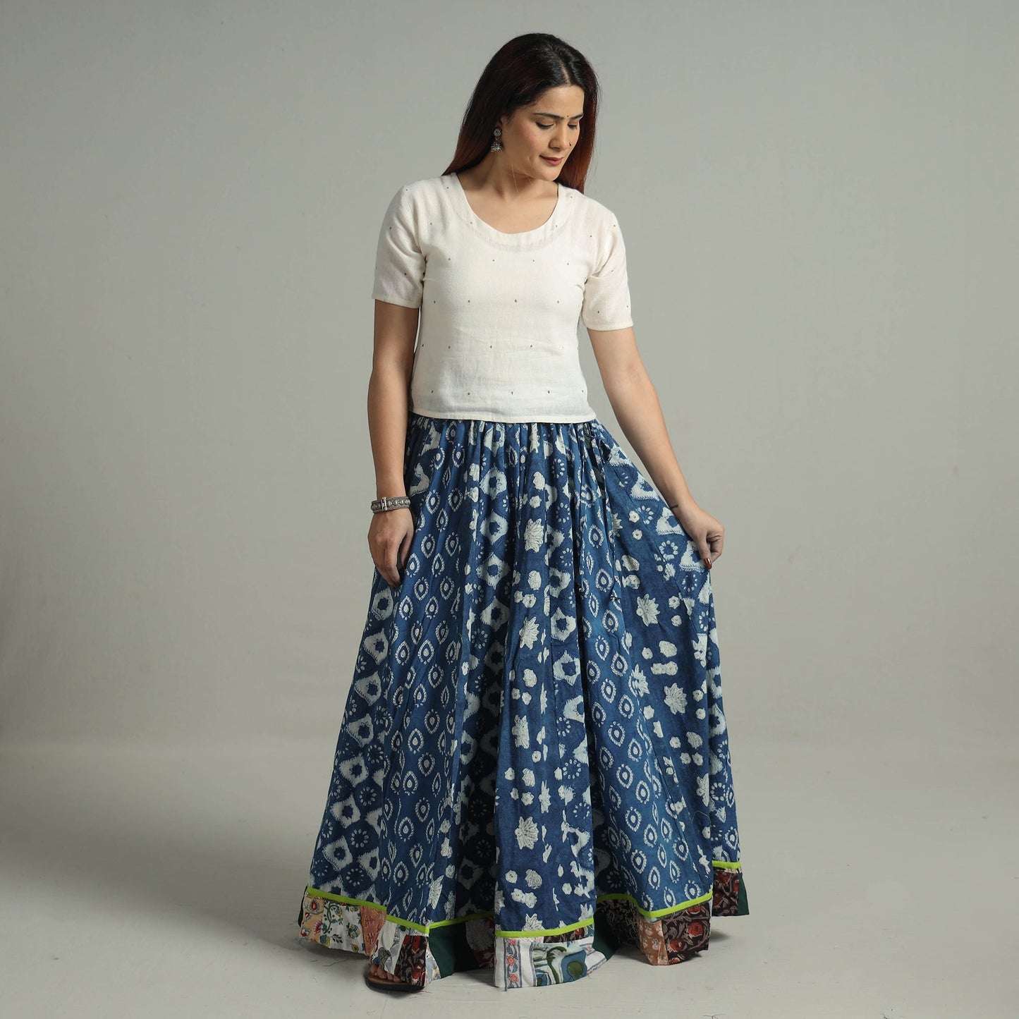 Indigo Block Printed 24 Kali Patchwork Cotton Long Skirt 28