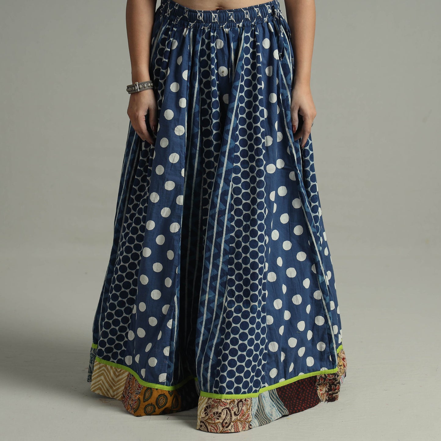 Indigo Block Printed 24 Kali Patchwork Cotton Long Skirt 30