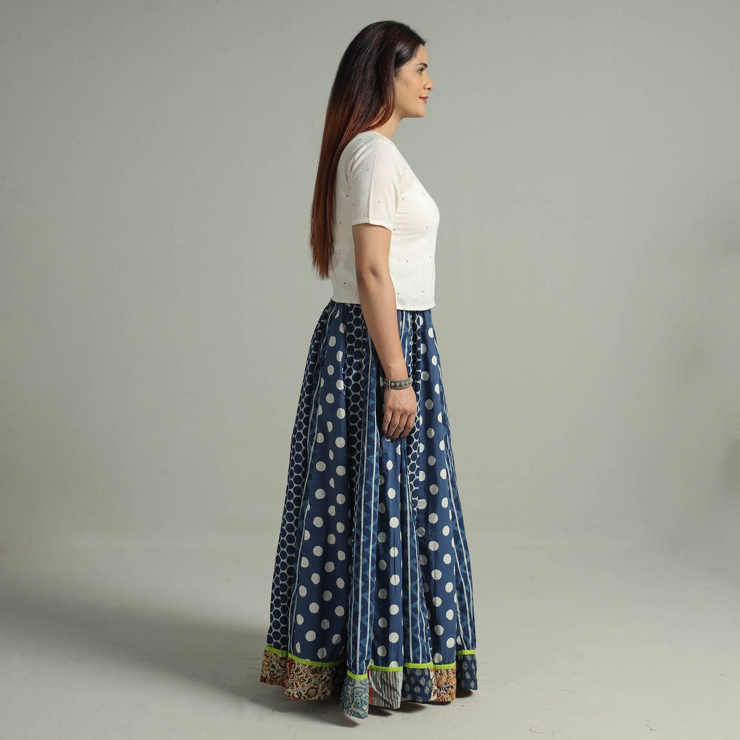 Indigo Block Printed 24 Kali Patchwork Cotton Long Skirt 30