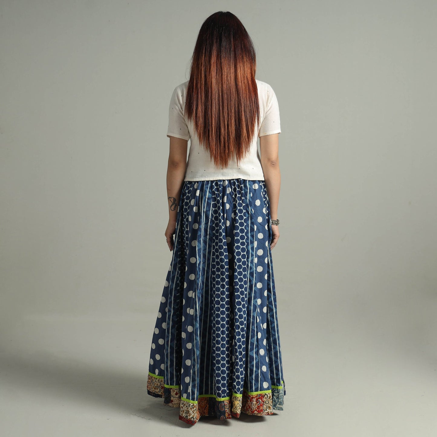 Indigo Block Printed 24 Kali Patchwork Cotton Long Skirt 30