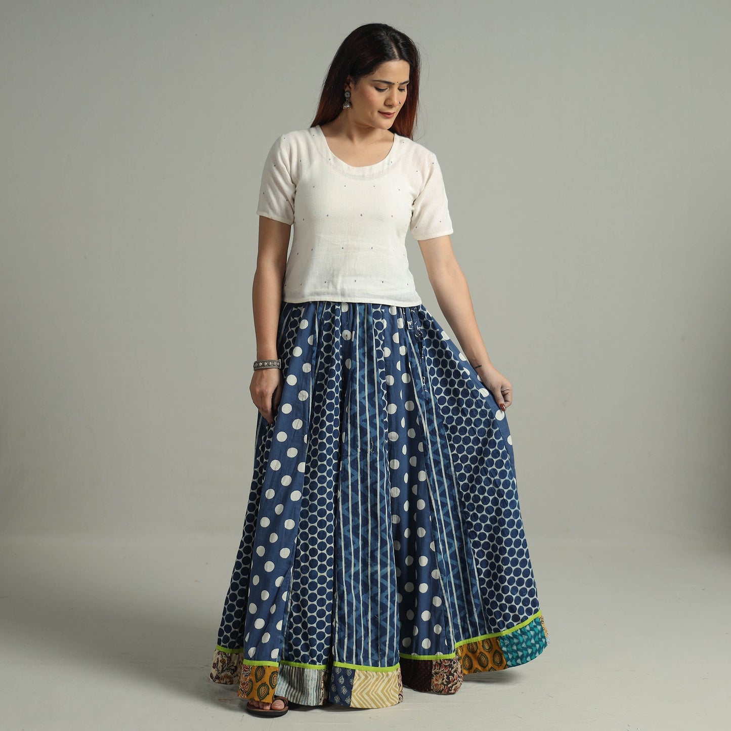 Indigo Block Printed 24 Kali Patchwork Cotton Long Skirt 30