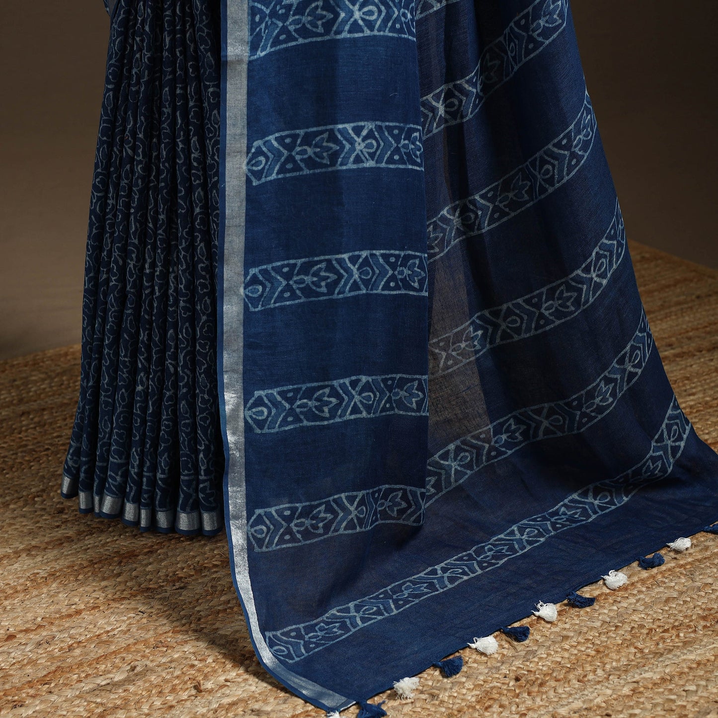 Blue - indigo - printed linen handloom sanganeri saree