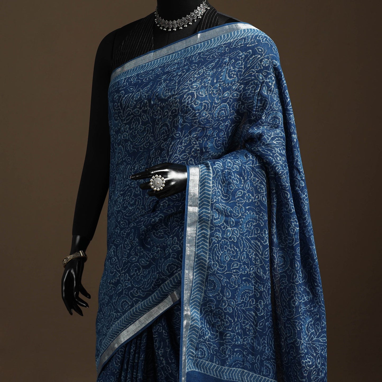 Blue - indigo - printed linen handloom sanganeri saree