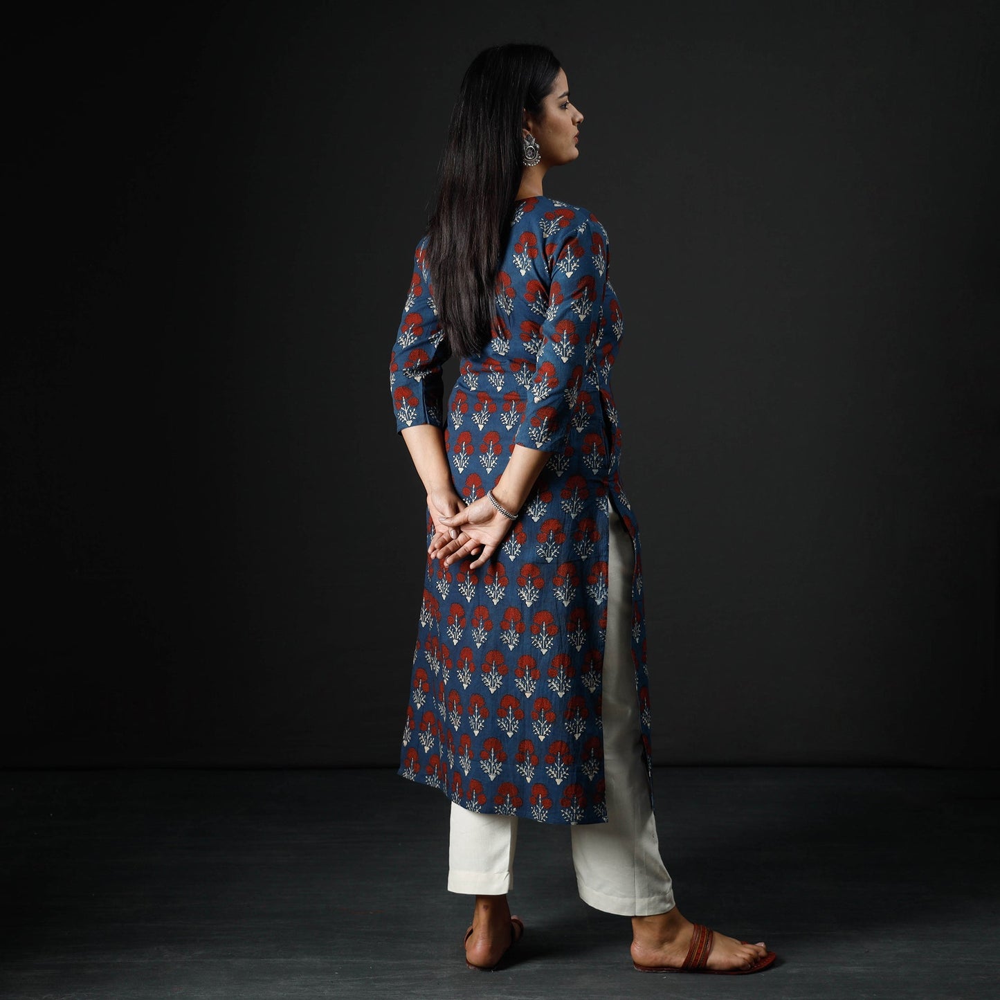 Blue - Indigo Red - Ajrakh Block Printing Cotton Long Straight Kurta