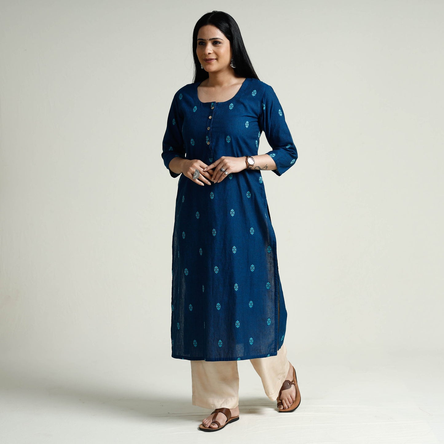 Jacquard Cotton Long Kurta for Women