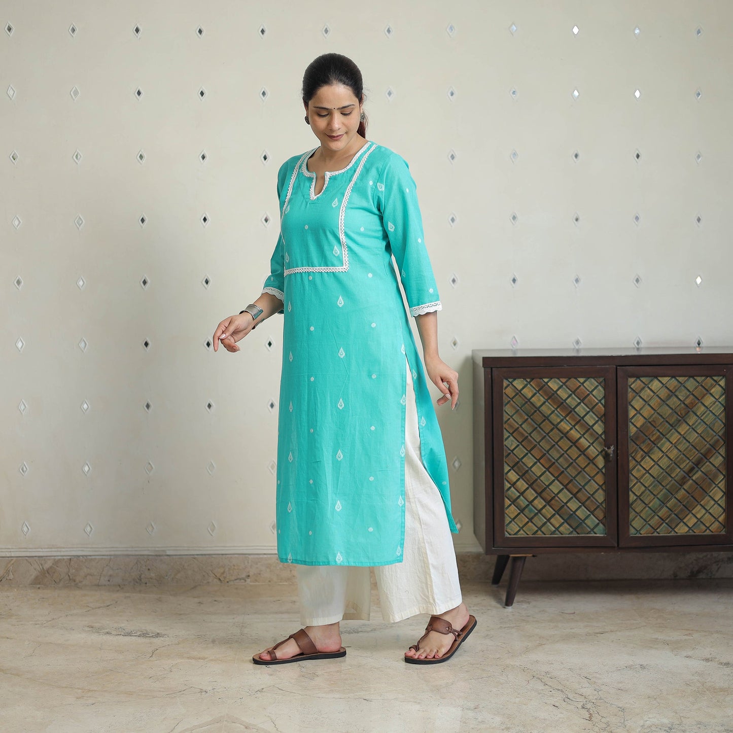 Blue - jacquard cotton straight kurta with lace work 30