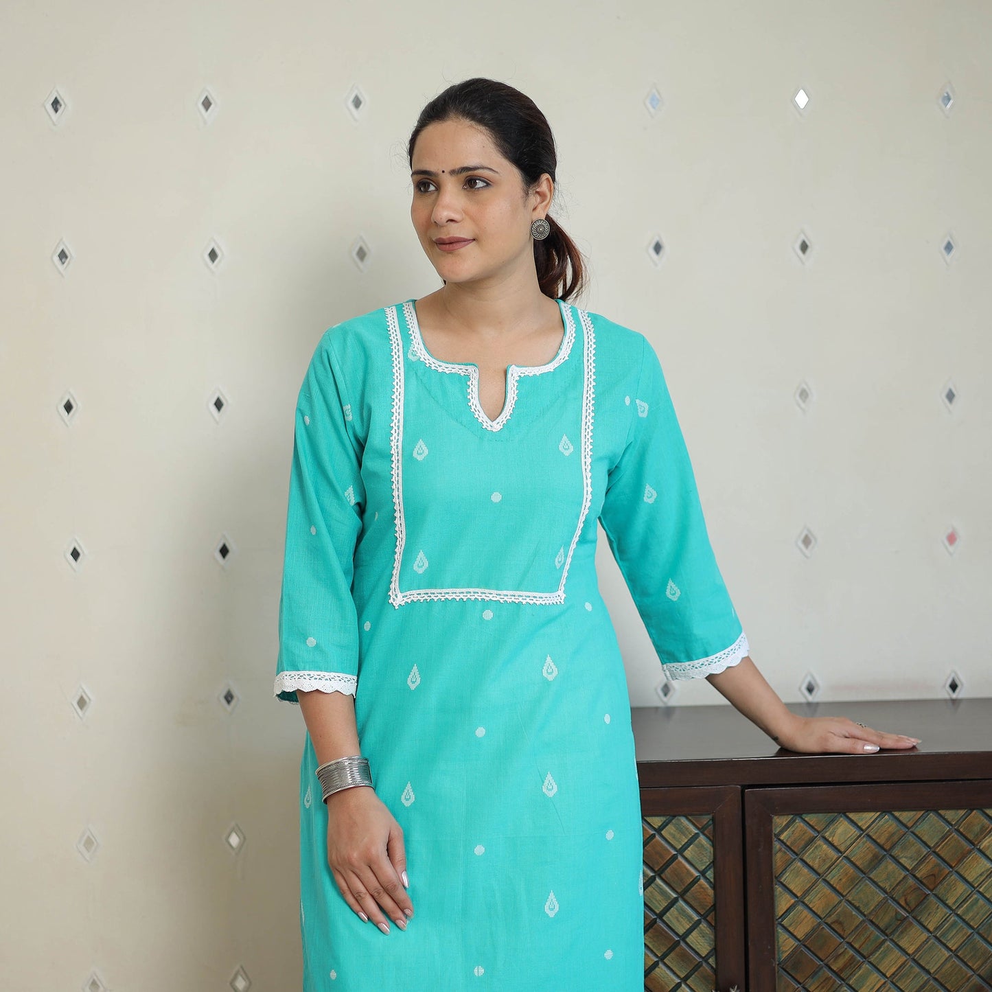 Blue - jacquard cotton straight kurta with lace work 30
