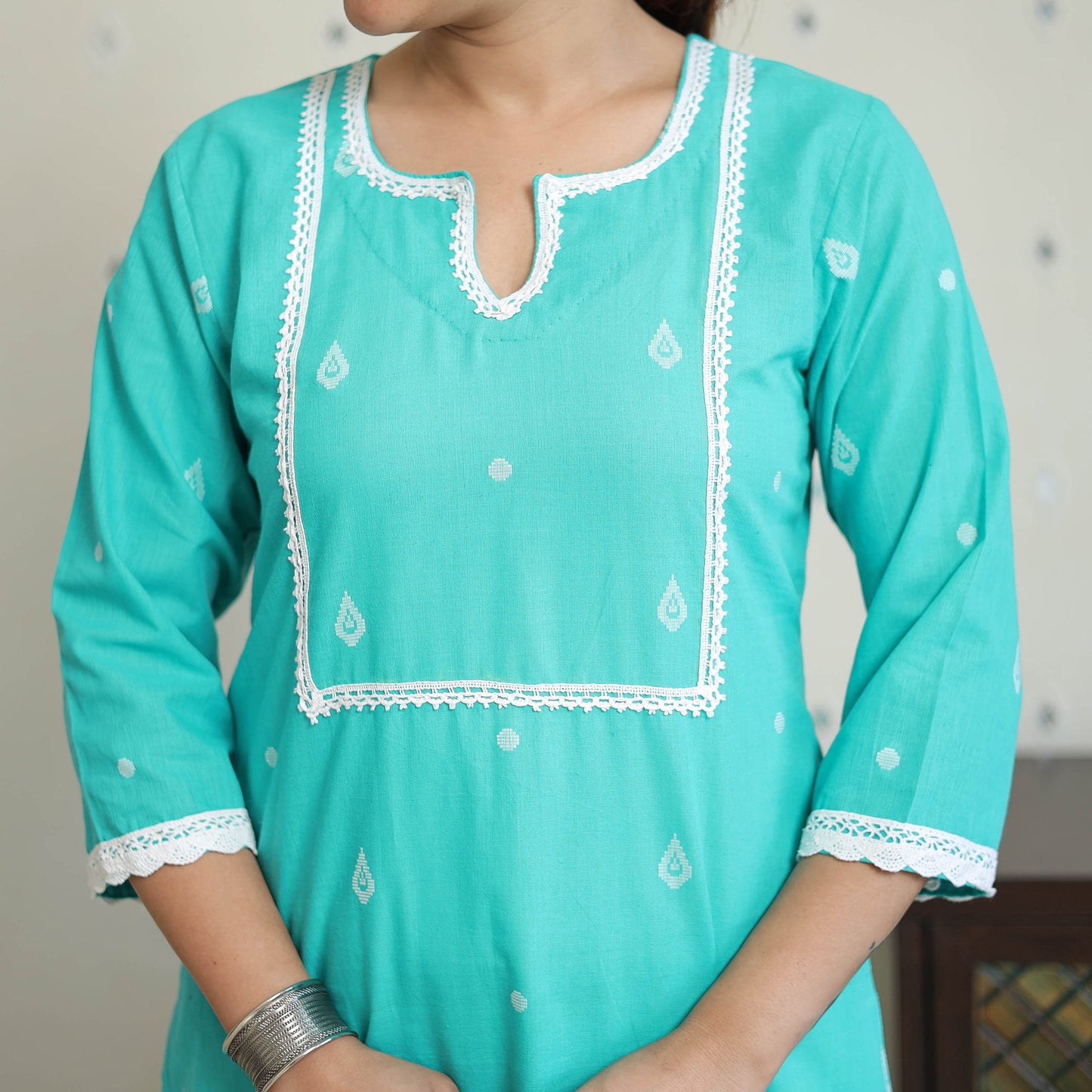 Blue - jacquard cotton straight kurta with lace work 30