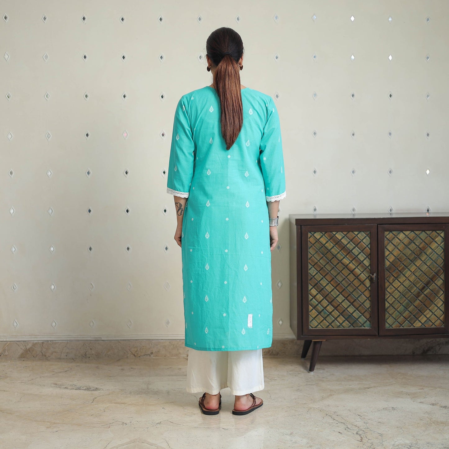 Blue - jacquard cotton straight kurta with lace work 30