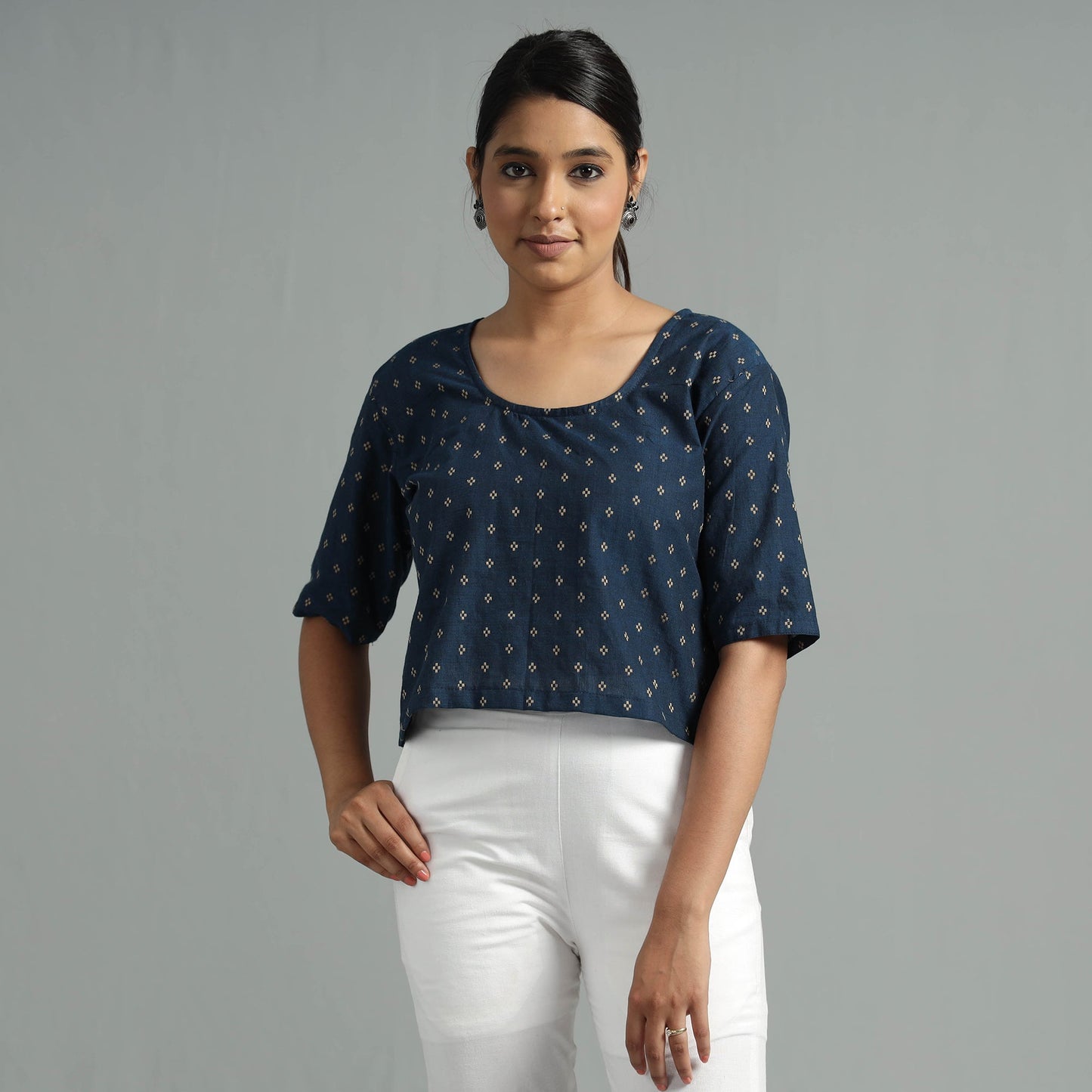 Jacquard Half Sleeve Cotton Crop Top