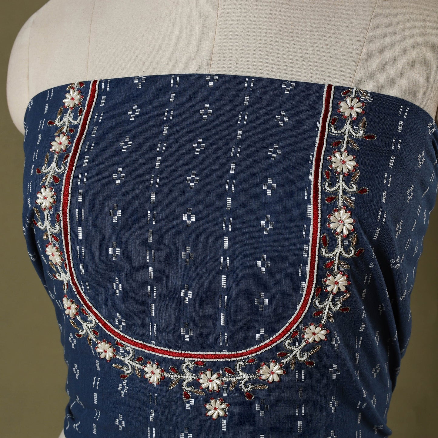 Blue - jacquard hand embroidery cotton blouse piece 10