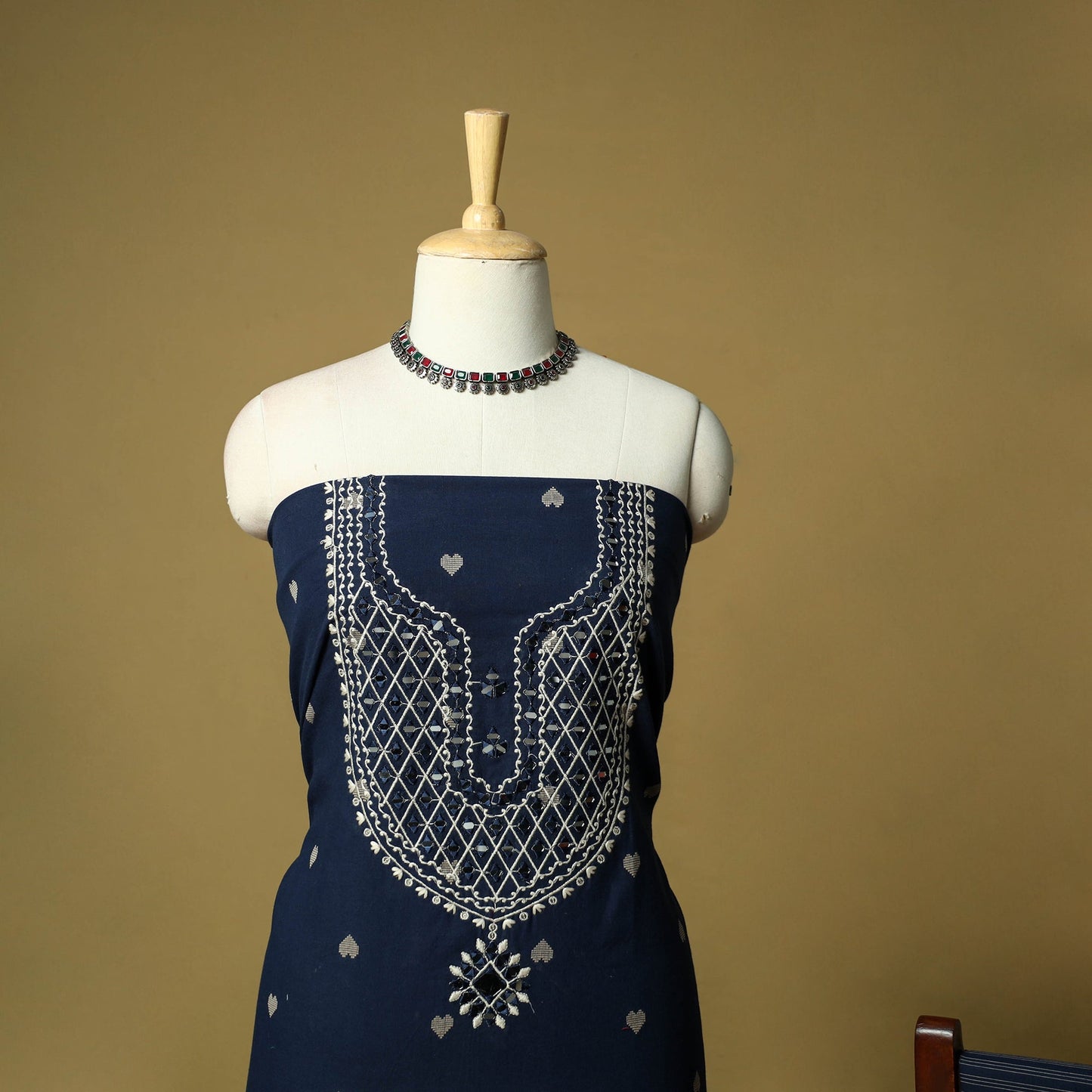 Jacquard mirror work embroidered cotton 3pc unstitched