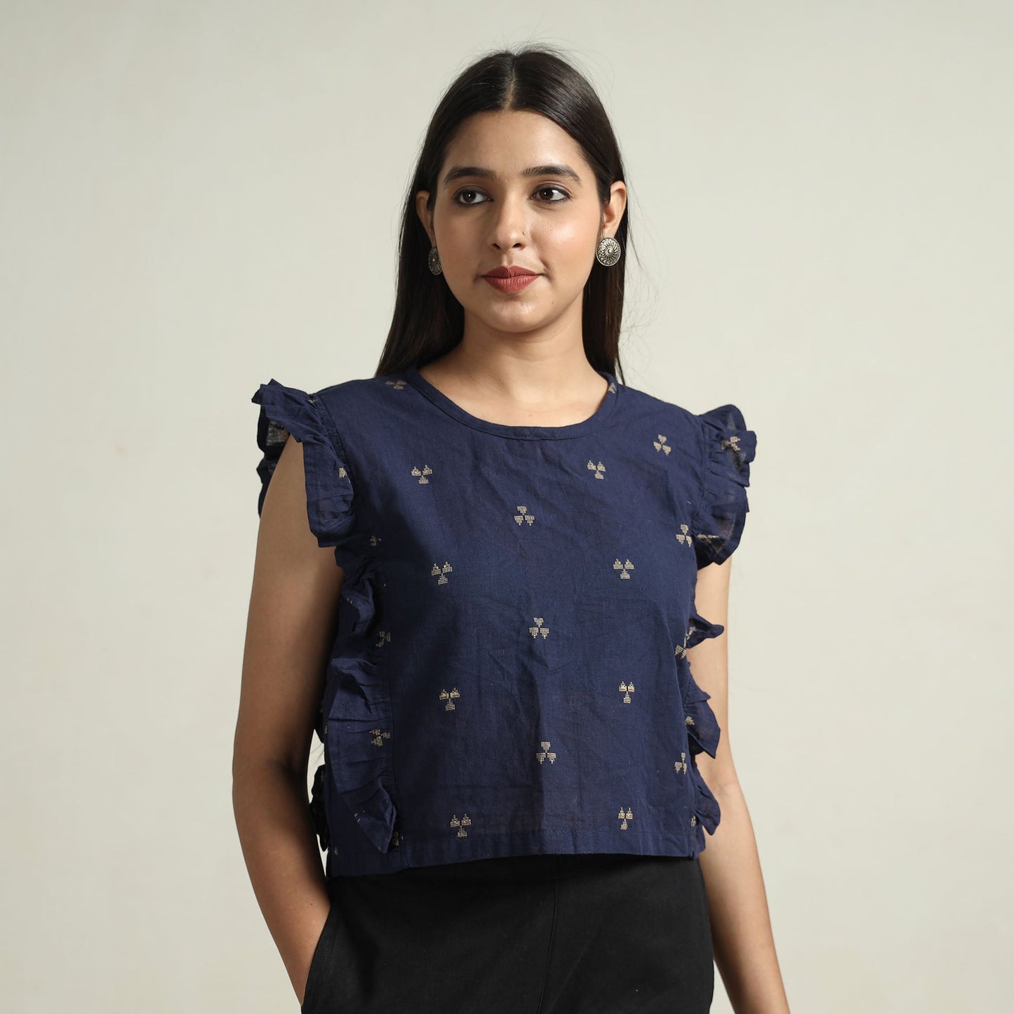 Blue - jacquard sleeveless cotton crop top - handcrafted