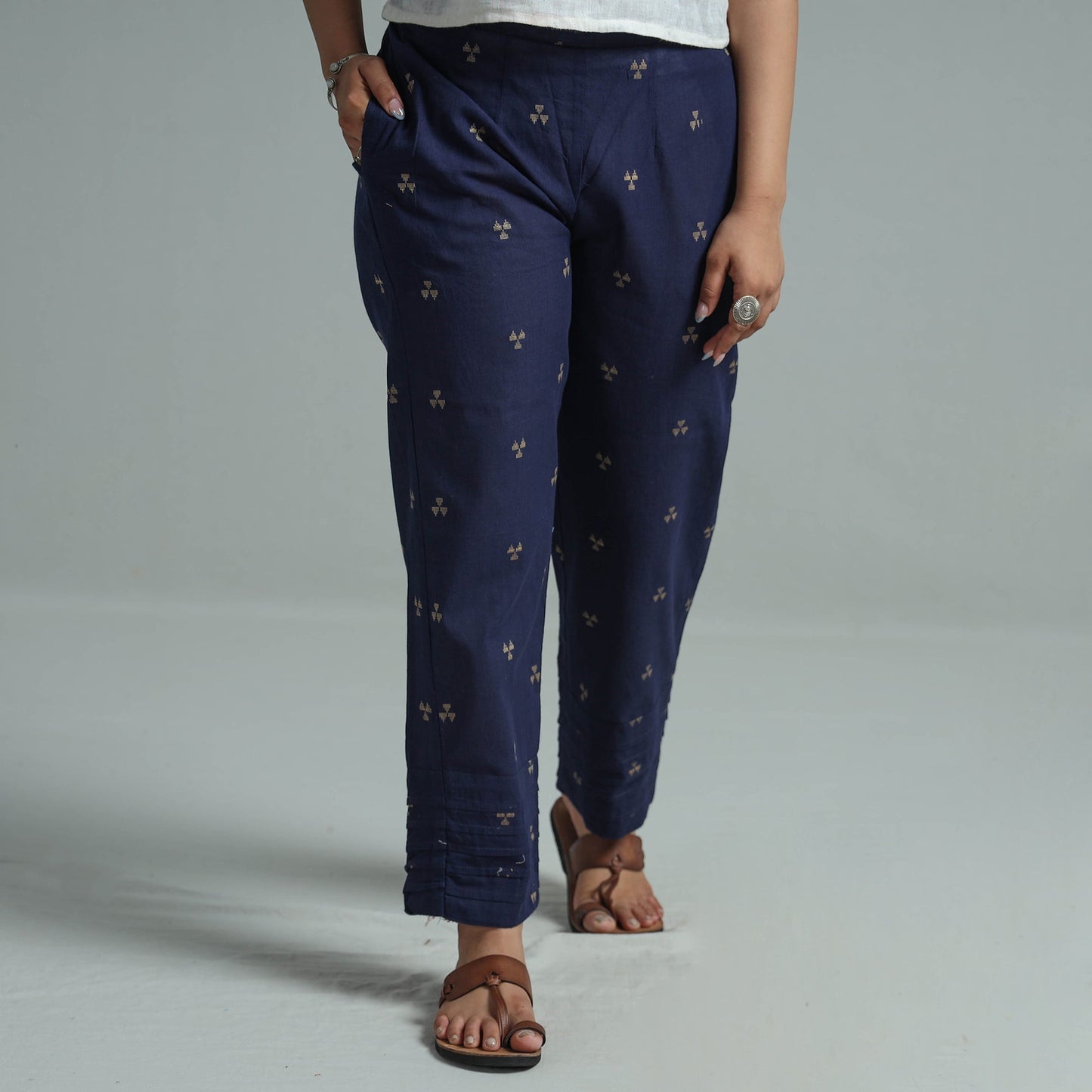 Blue - jacquard weave cotton elasticated pant 10