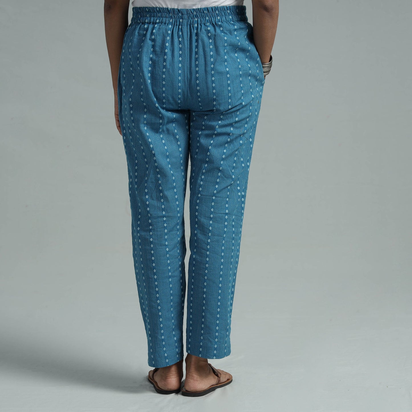 Blue - jacquard weave cotton elasticated pant - handcrafted