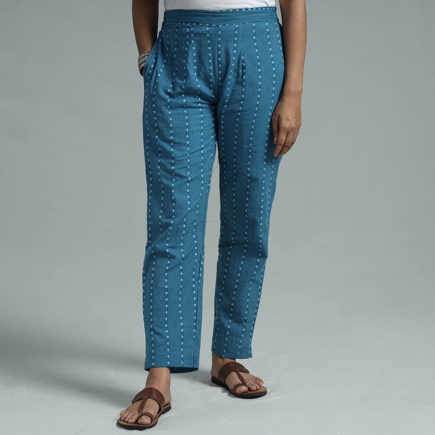 Blue - jacquard weave cotton elasticated pant - handcrafted