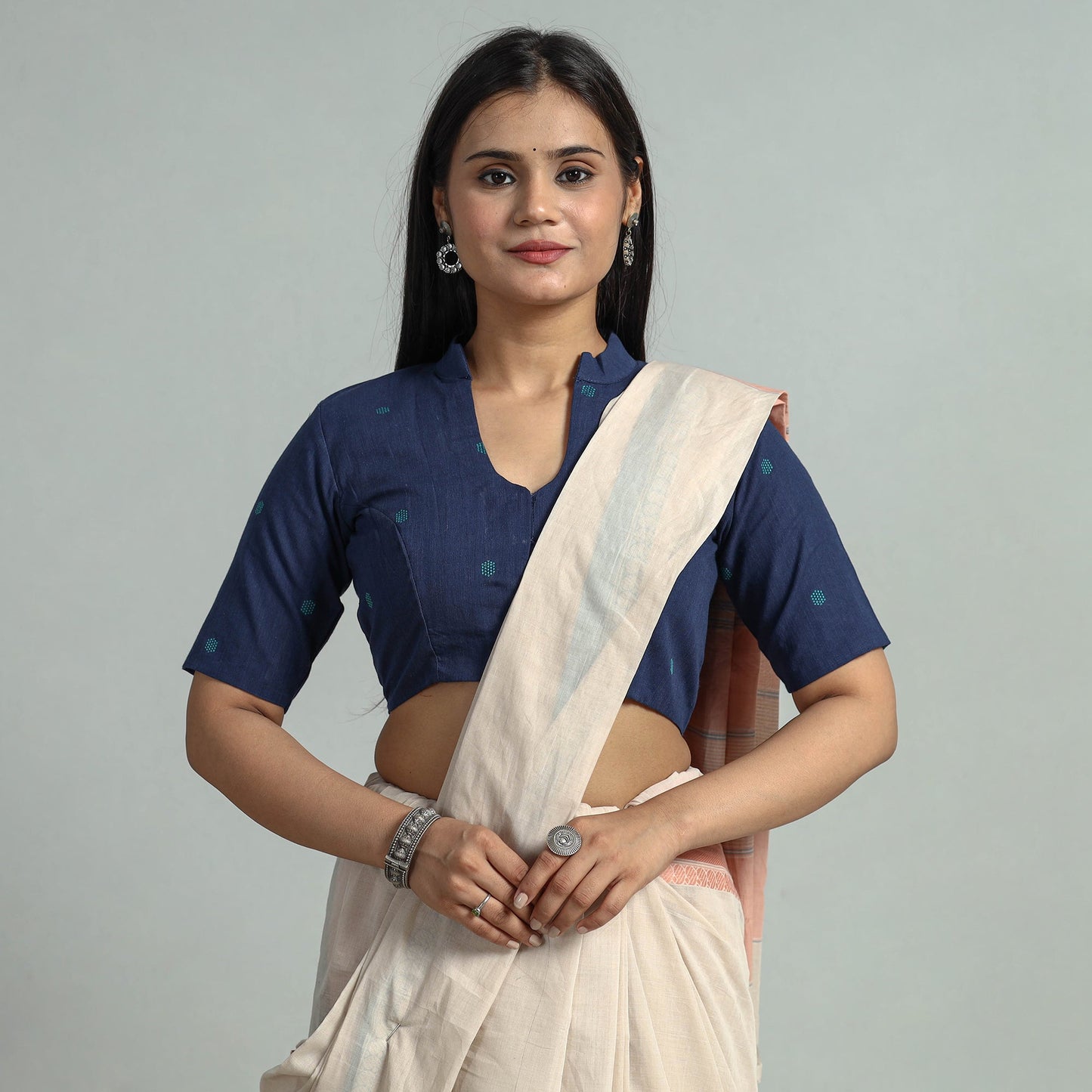 Blue Jacquard Weave Cotton Stitched Blouse
