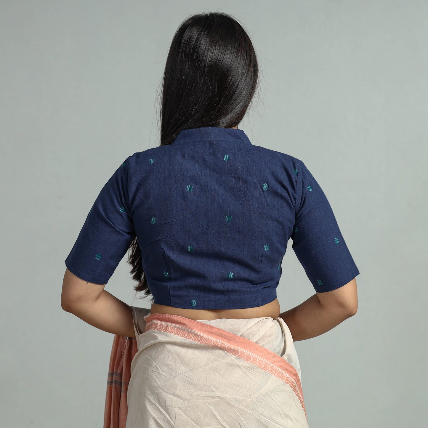 Blue Jacquard Weave Cotton Stitched Blouse