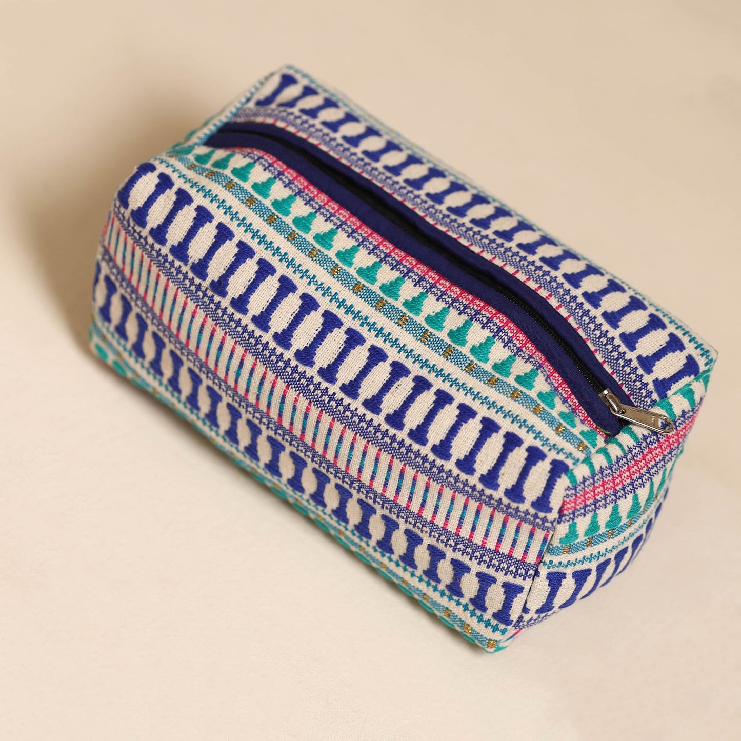 Blue Jacquard Weave Cotton Toiletry Pouch