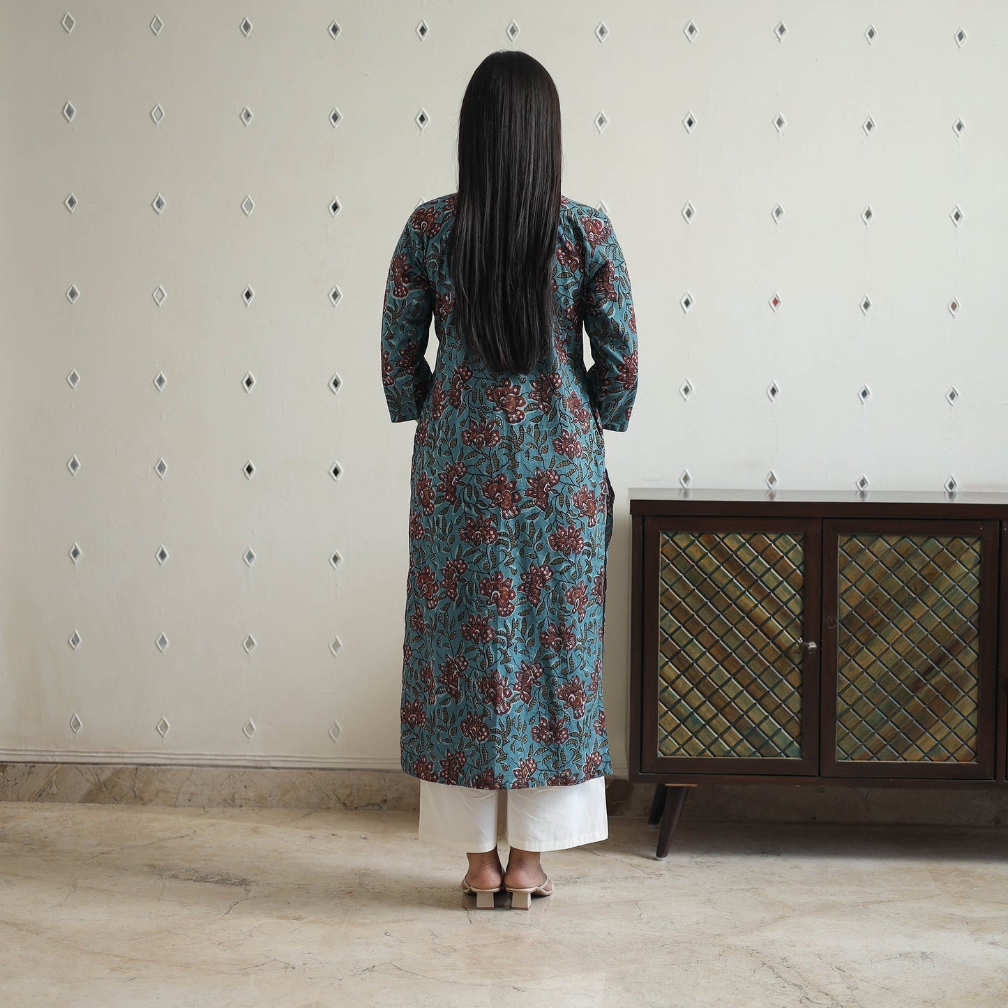 Blue Jahota Block Print Cotton pintuck Straight Kurta for Women