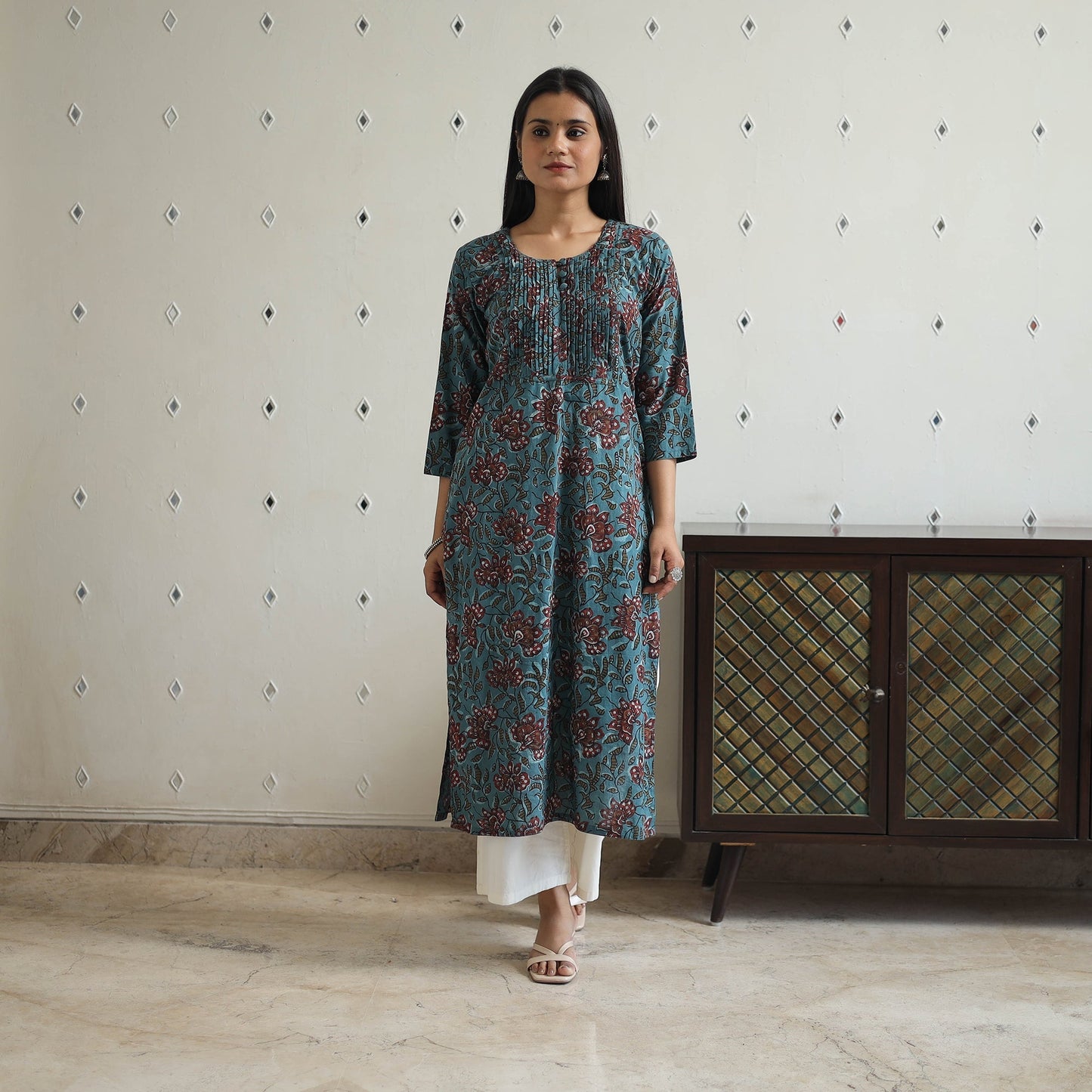 Blue Jahota Block Print Cotton pintuck Straight Kurta for Women