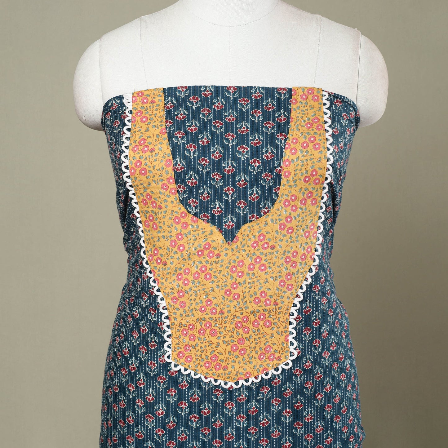 Blue Jaipur Print Patchwork Cotton Kurta Material