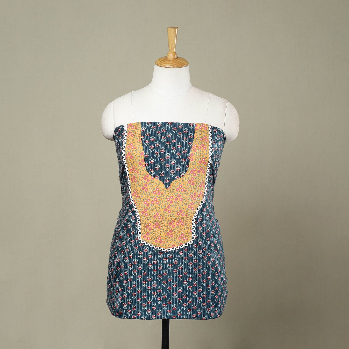Blue Jaipur Print Patchwork Cotton Kurta Material