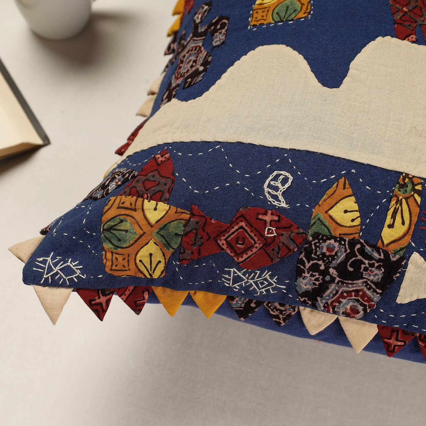 Kala Raksha Applique Cutwork Cotton Cushion Cover
