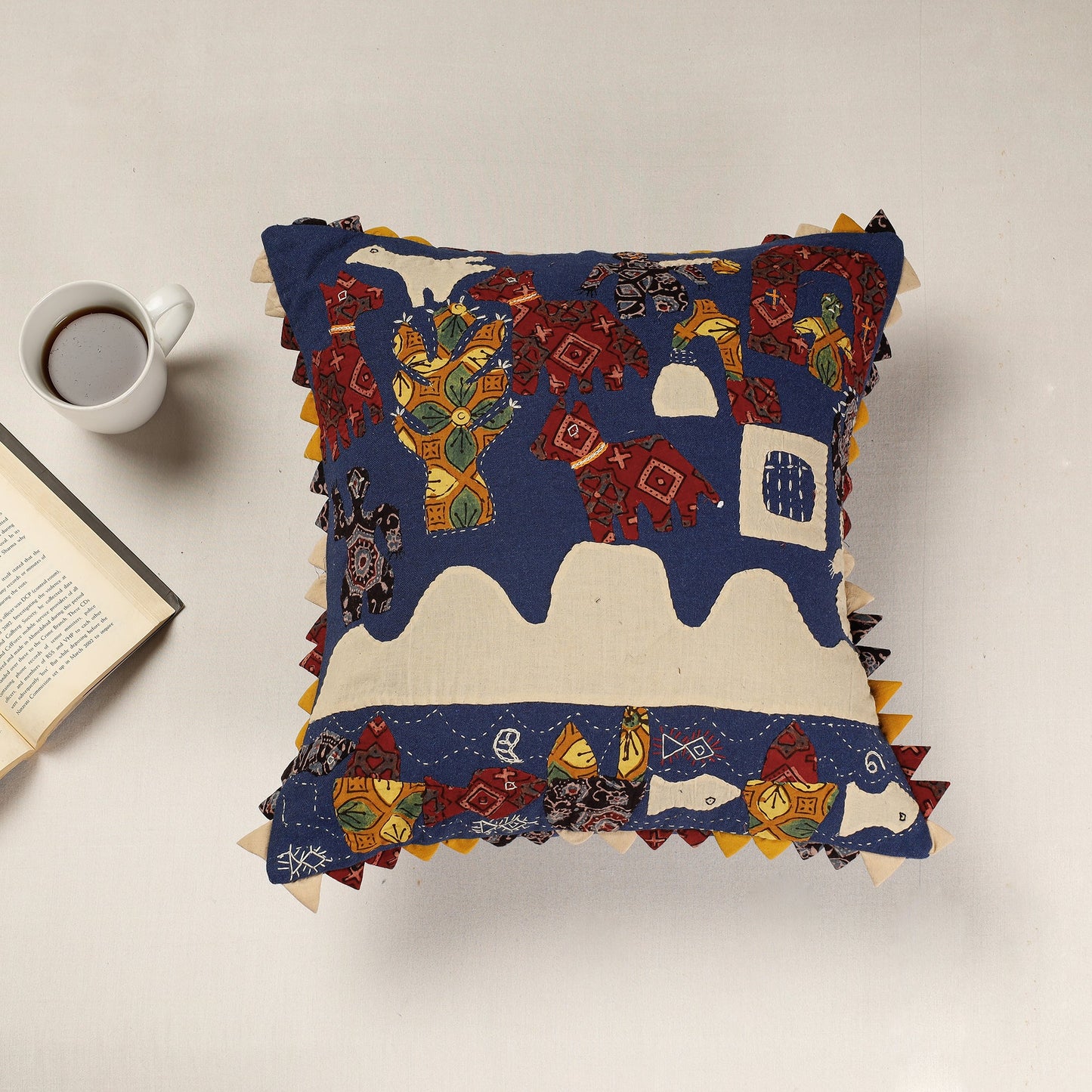 Kala Raksha Applique Cutwork Cotton Cushion Cover