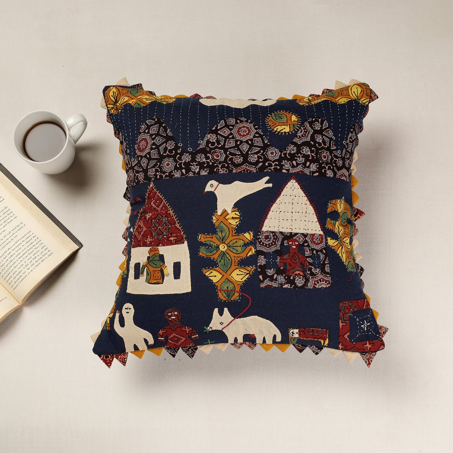 Kala Raksha Applique Cutwork Cotton Cushion Cover