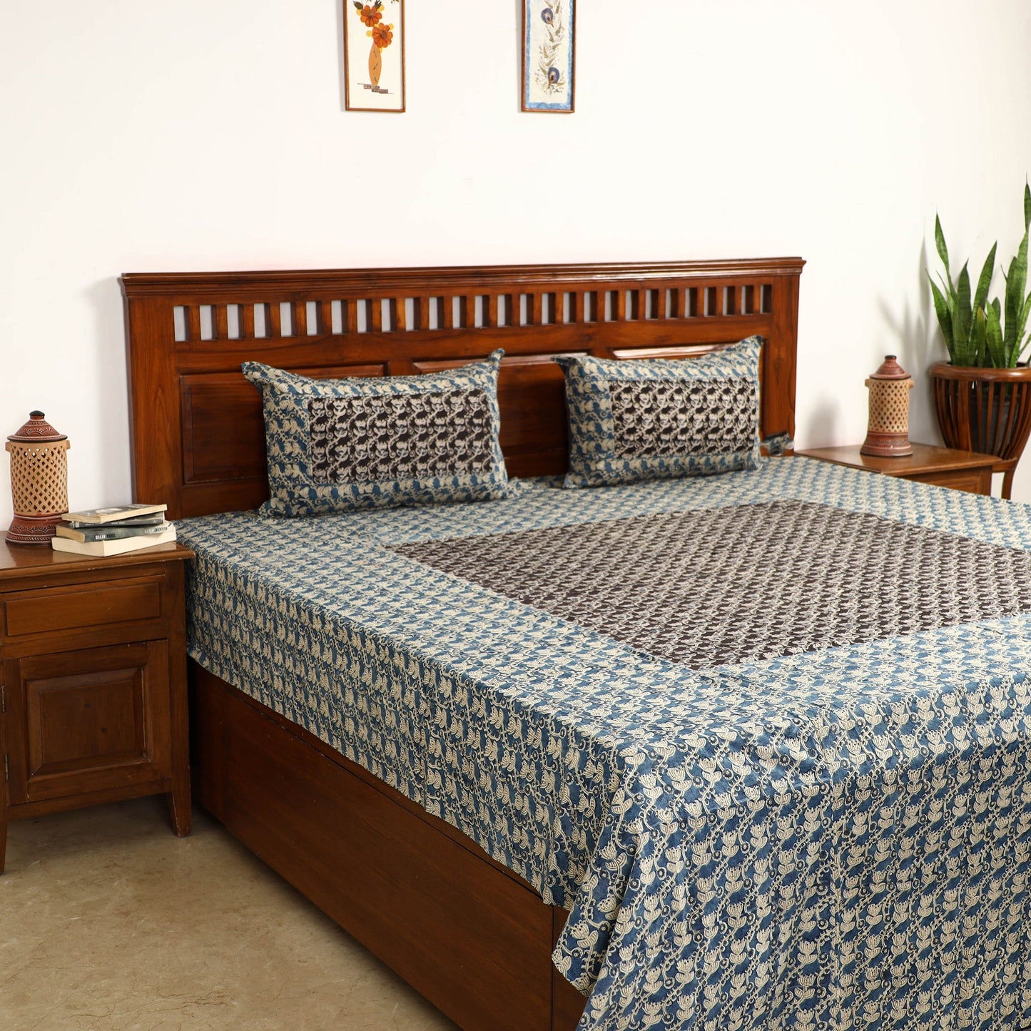 Blue - Kalamkari Block Printed Patchwork Cotton Double Bed Cover With Pillow Covers (108 x 90 in)
