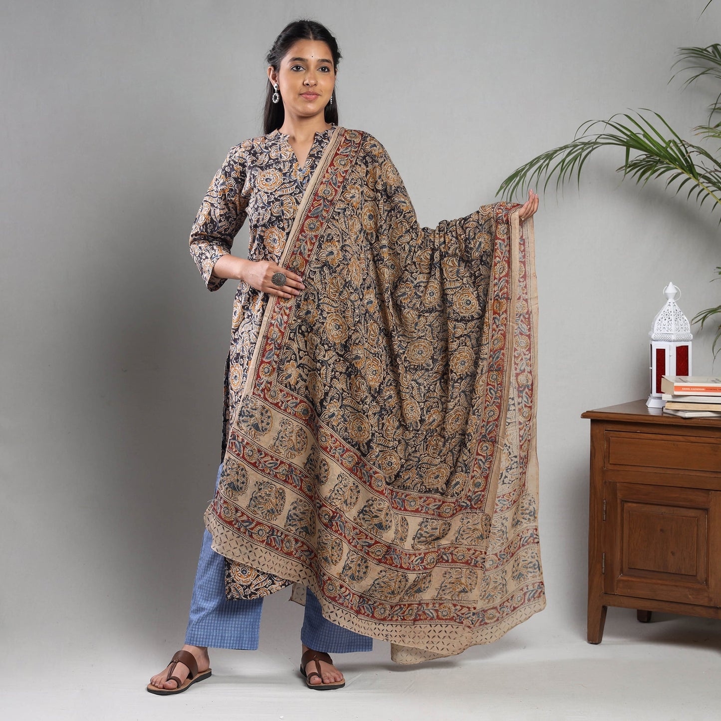 Kalamkari Block Printing Cotton Kurta with Palazzo & Dupatta Set