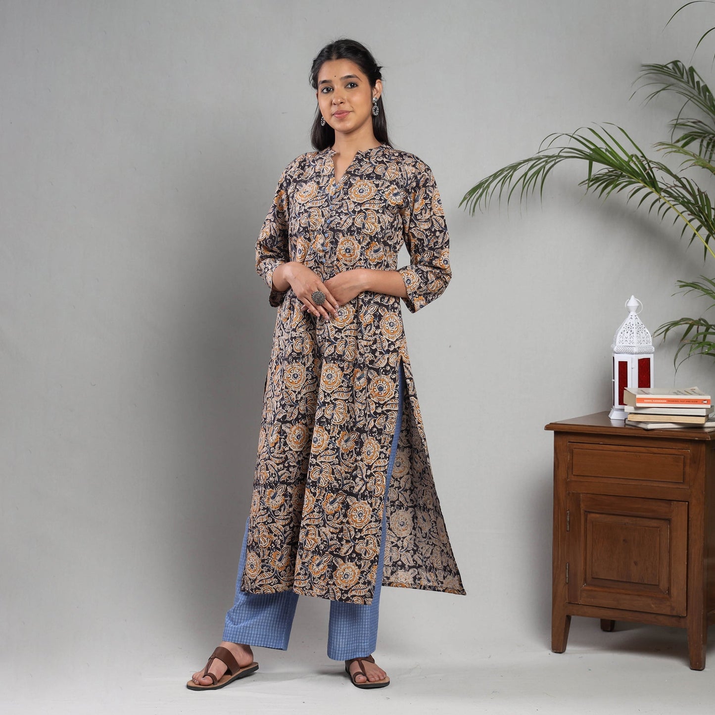 Kalamkari Block Printing Cotton Kurta with Palazzo & Dupatta Set