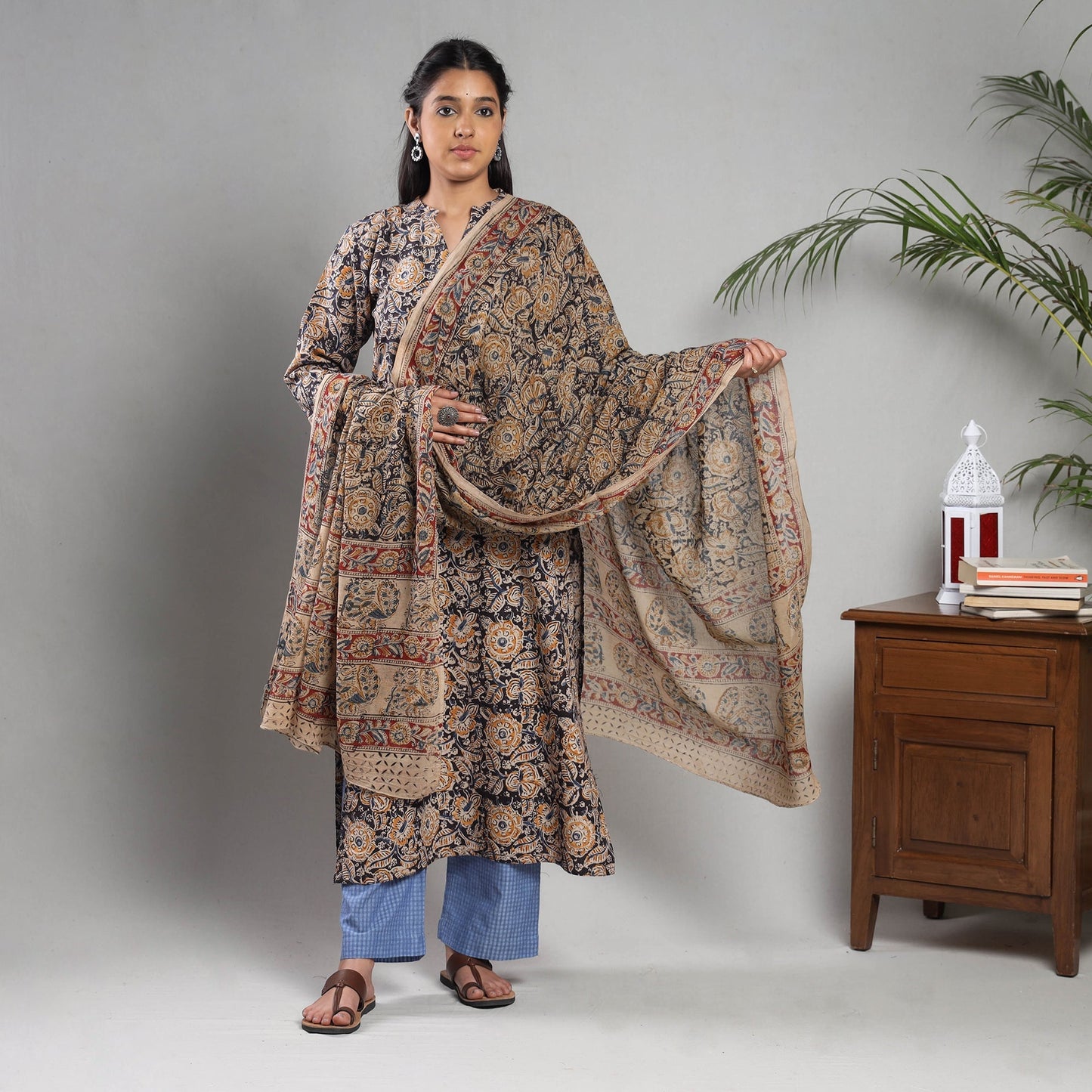 Kalamkari Block Printing Cotton Kurta with Palazzo & Dupatta Set