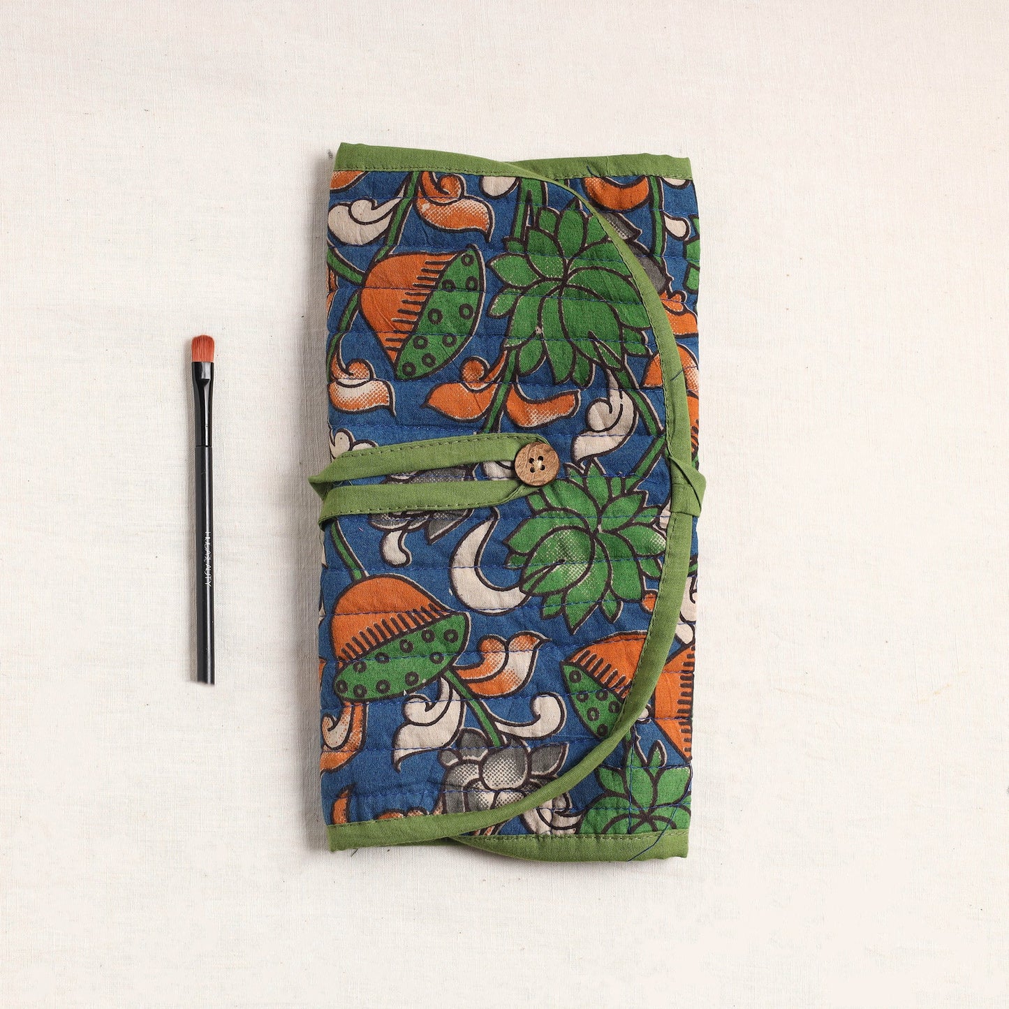 Kalamkari Fabric Multipurpose Segmented Make-up Brush Wrap Pouch/Case