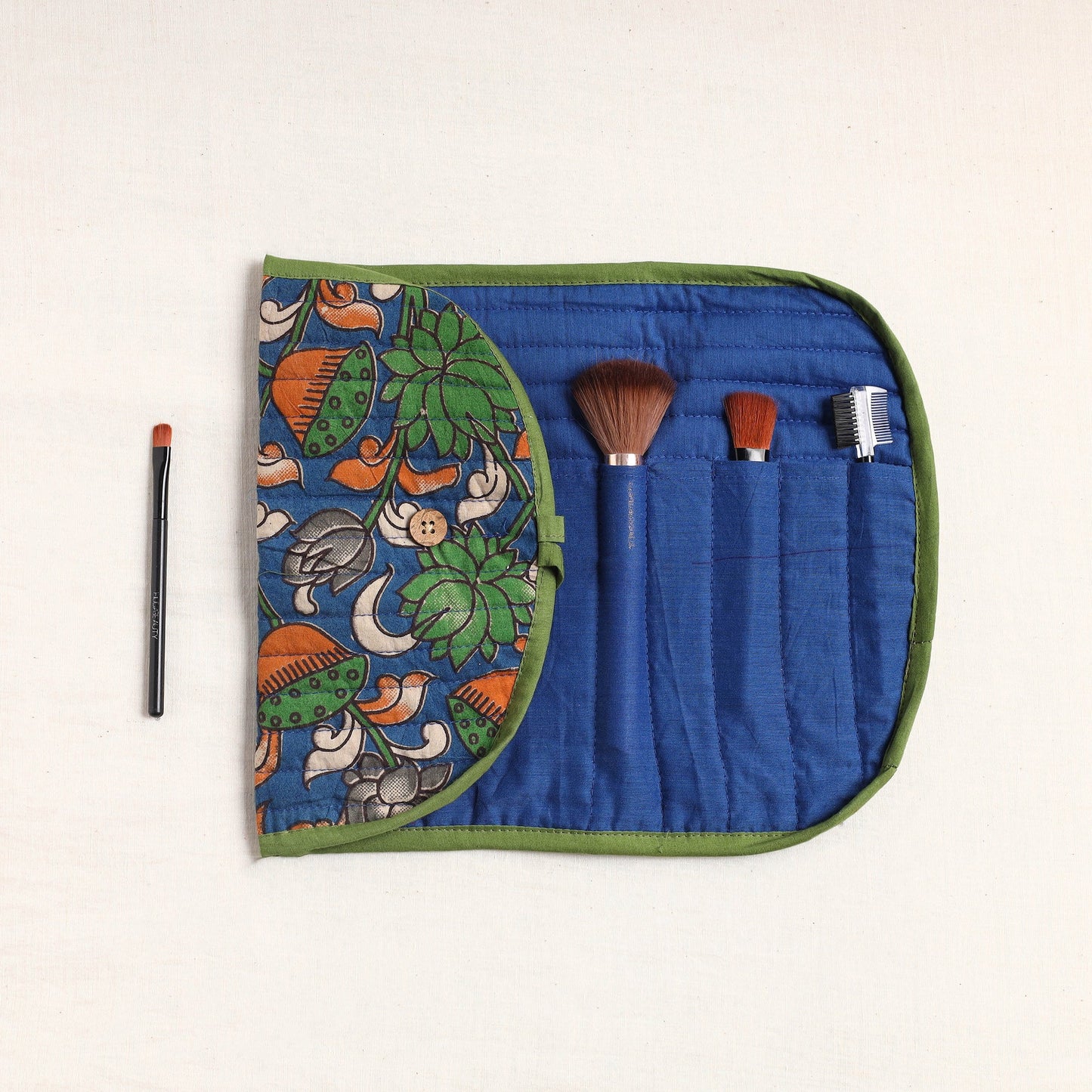 Kalamkari Fabric Multipurpose Segmented Make-up Brush Wrap Pouch/Case