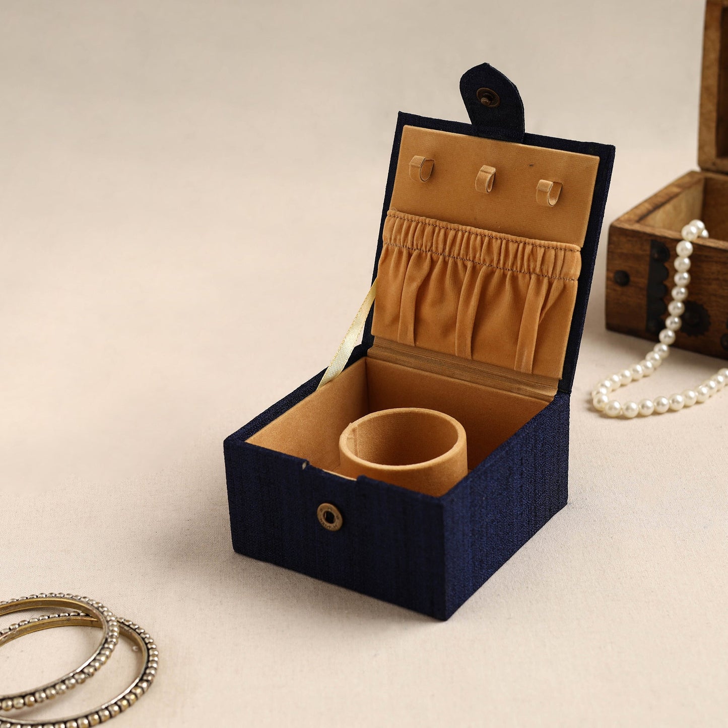 Blue Kalamkari Handpainted Ghicha Silk Bangle Box (Small)