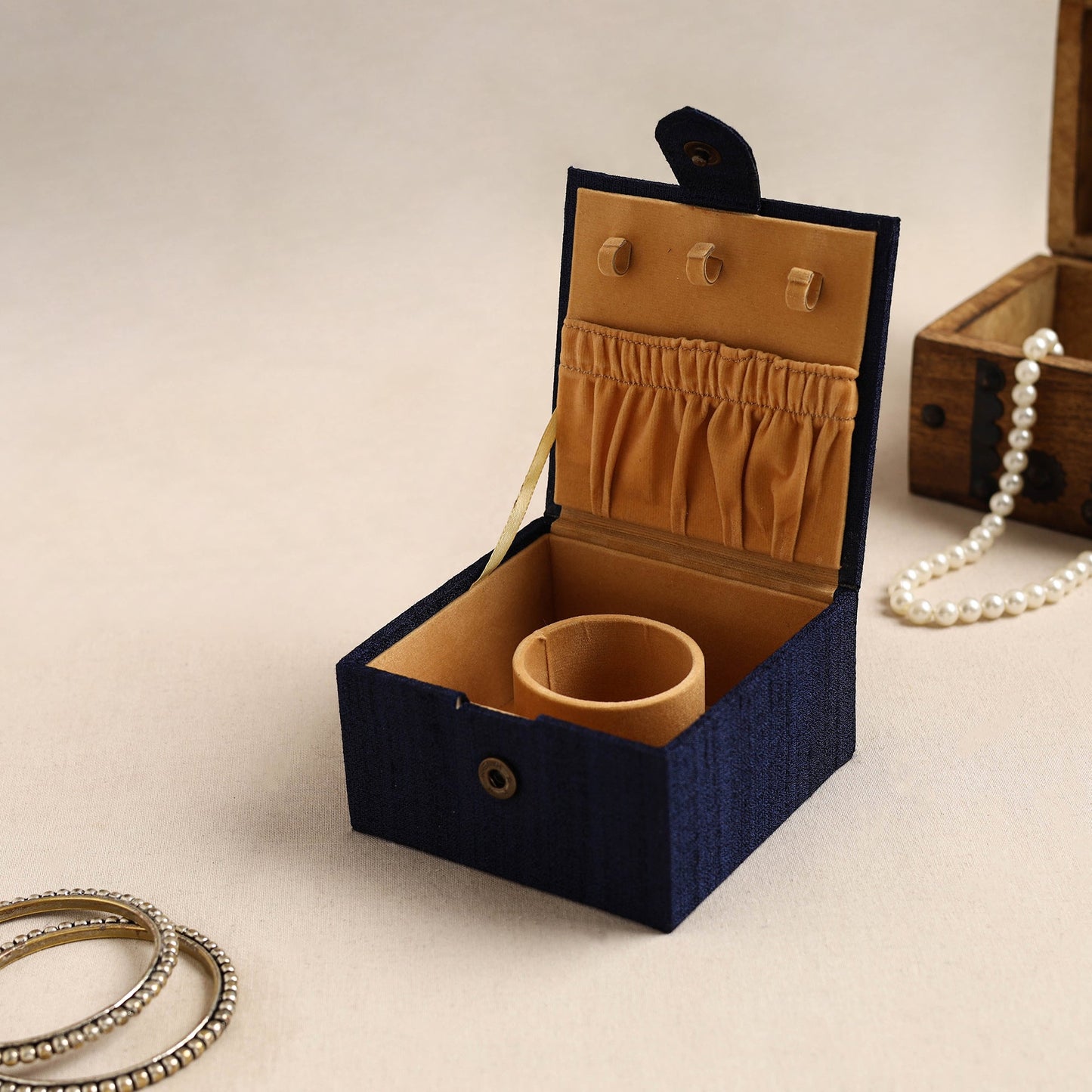 Blue Kalamkari Handpainted Ghicha Silk Bangle Box (Small)