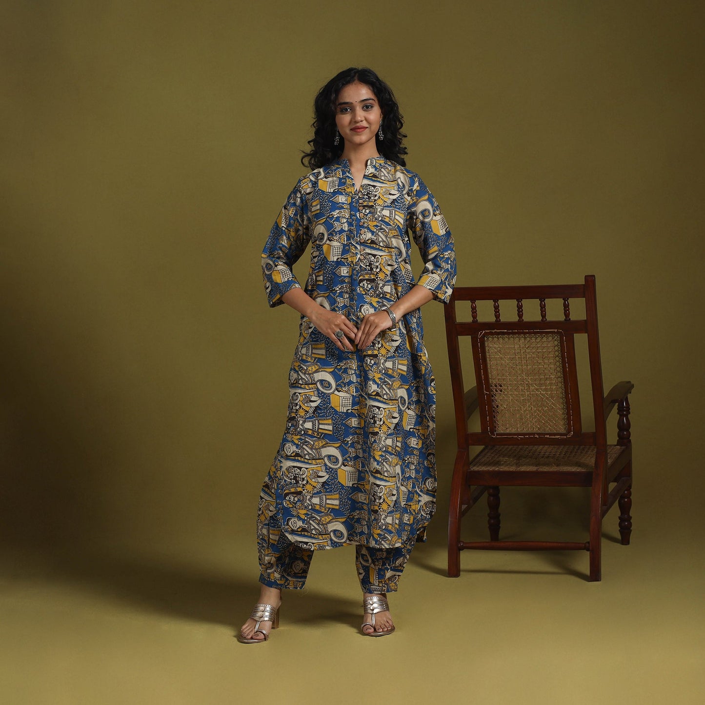 Blue - kalamkari printed cotton 2pc kurta set for women 01