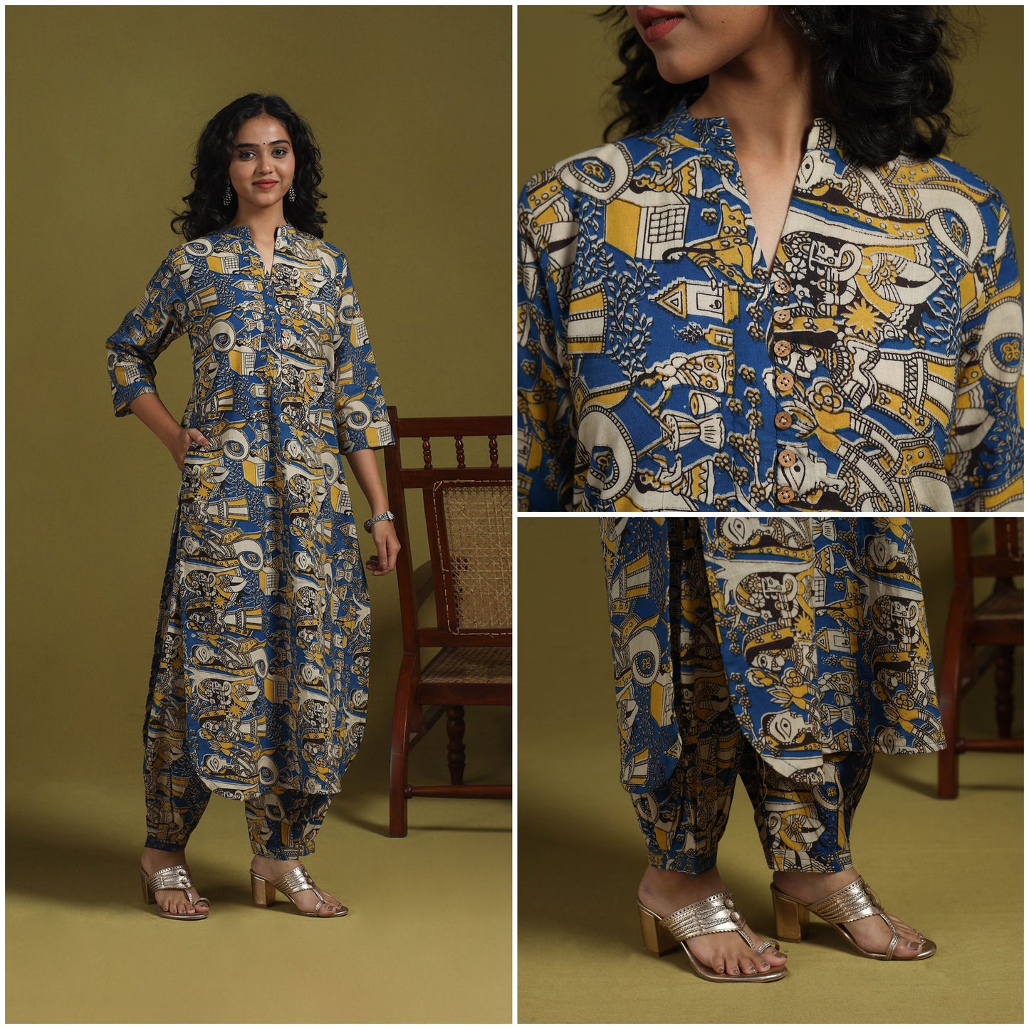 Blue - kalamkari printed cotton 2pc kurta set for women 01