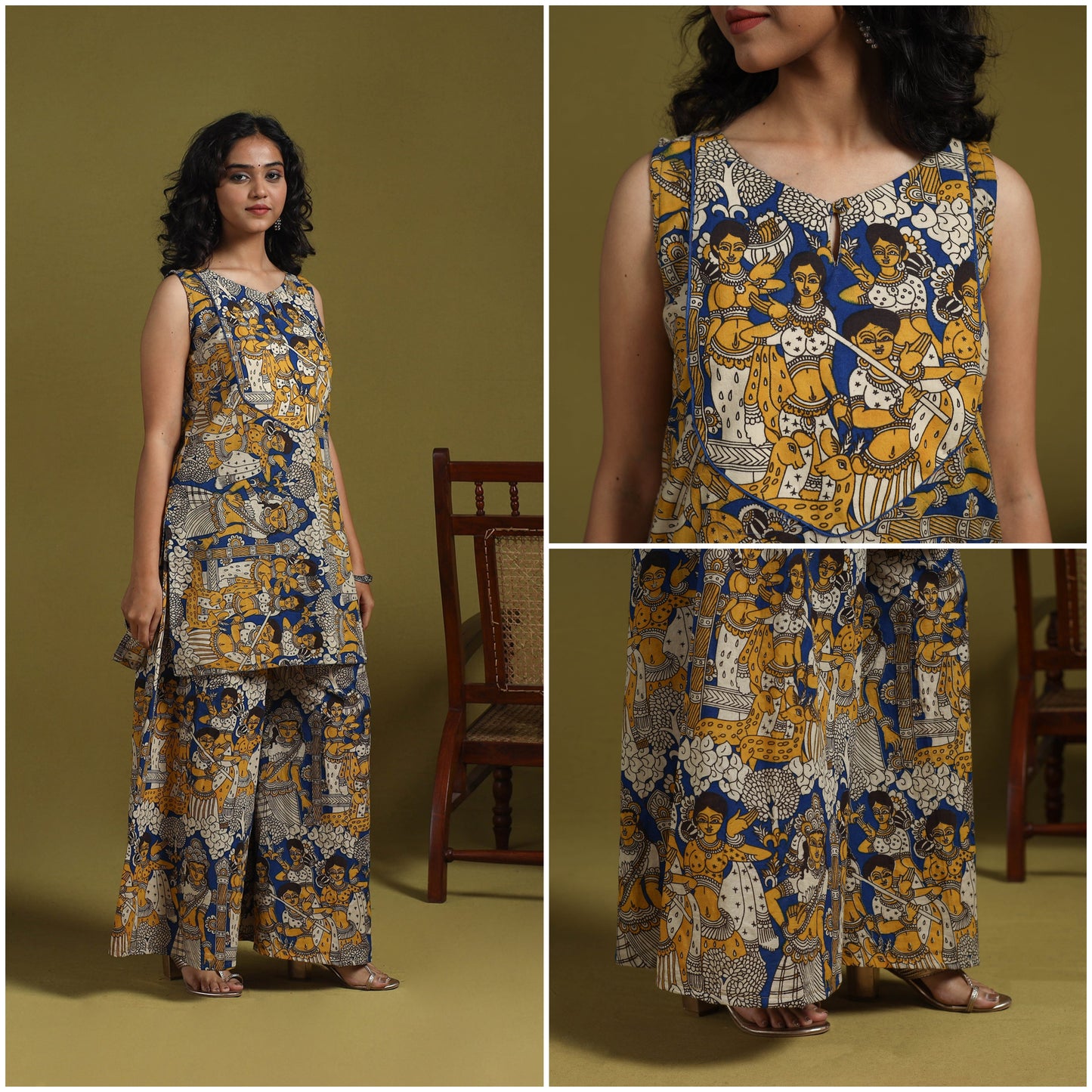 Blue - kalamkari printed cotton 2pc kurta set for women 15
