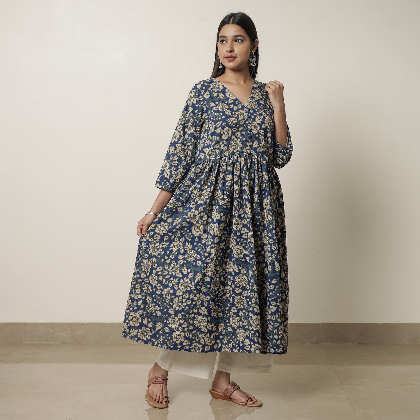Kalamkari Printed Cotton Flared Kurta For Women