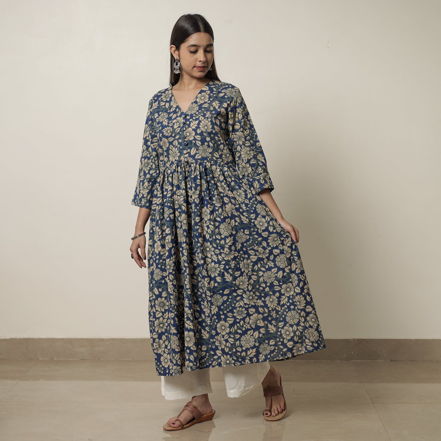Kalamkari Printed Cotton Flared Kurta For Women
