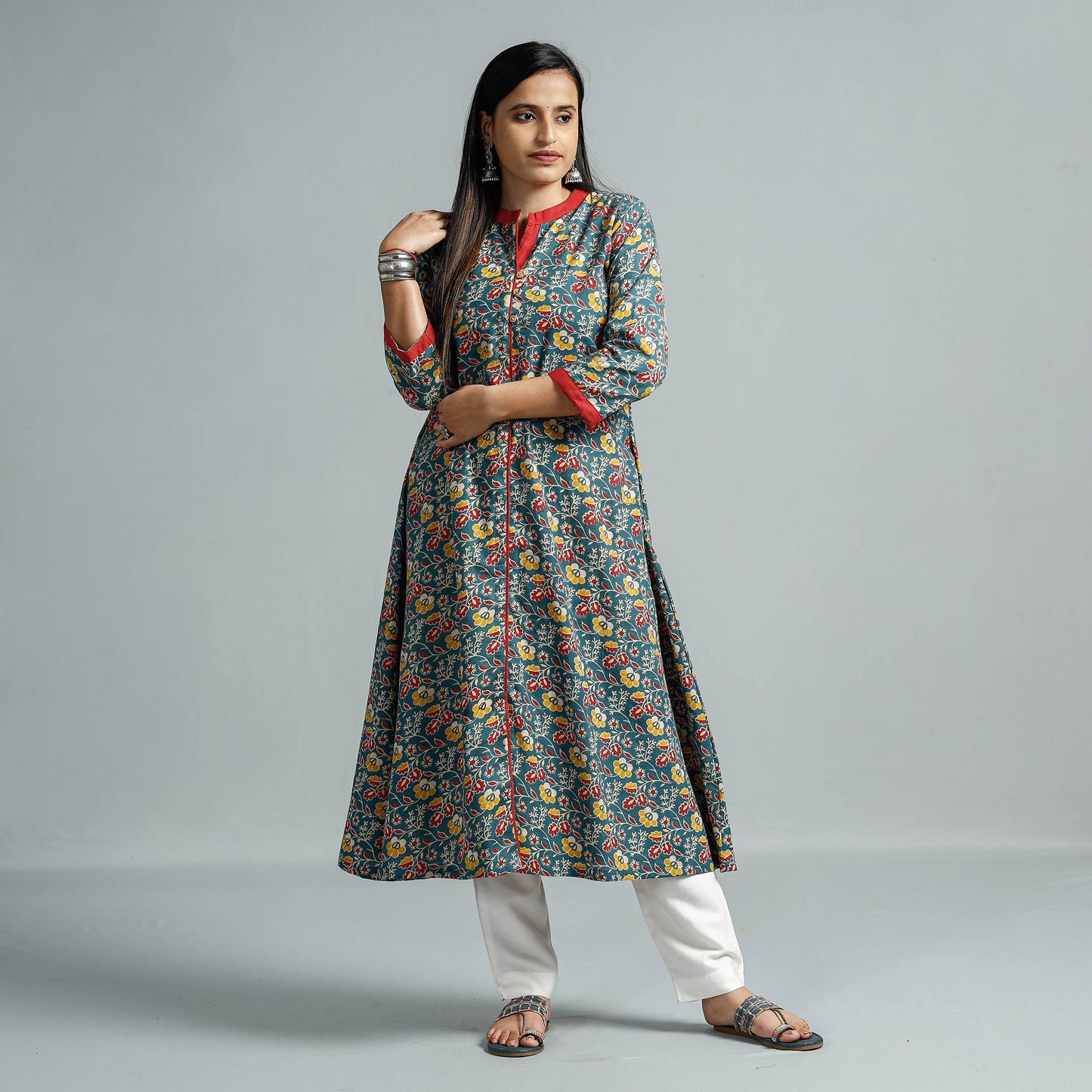 Kalamkari Printed Cotton Flared Kurta For Women